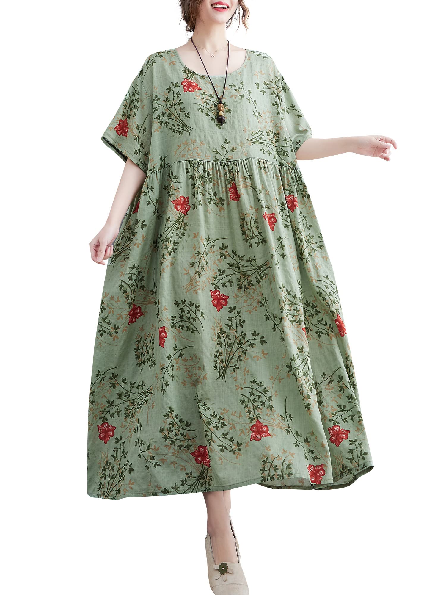 Boho Floral Swing Maxi Dress for Women - Oversized Pleated Summer Dress with Pockets | Beach Wedding, Vacation, Party Outfit
