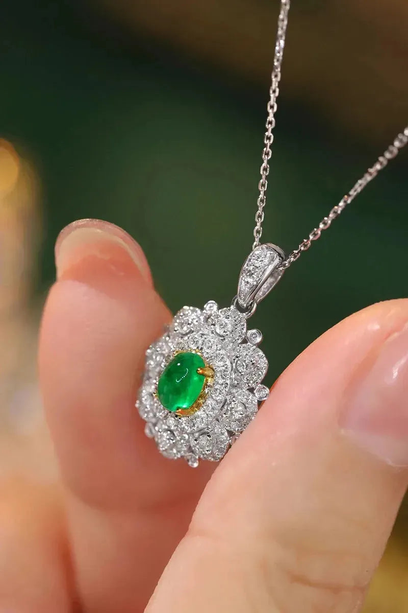 18K White & Yellow Gold Necklace with Real Natural Emerald & Diamonds | Luxury Women's Jewelry for Parties, Weddings & Special Occasions