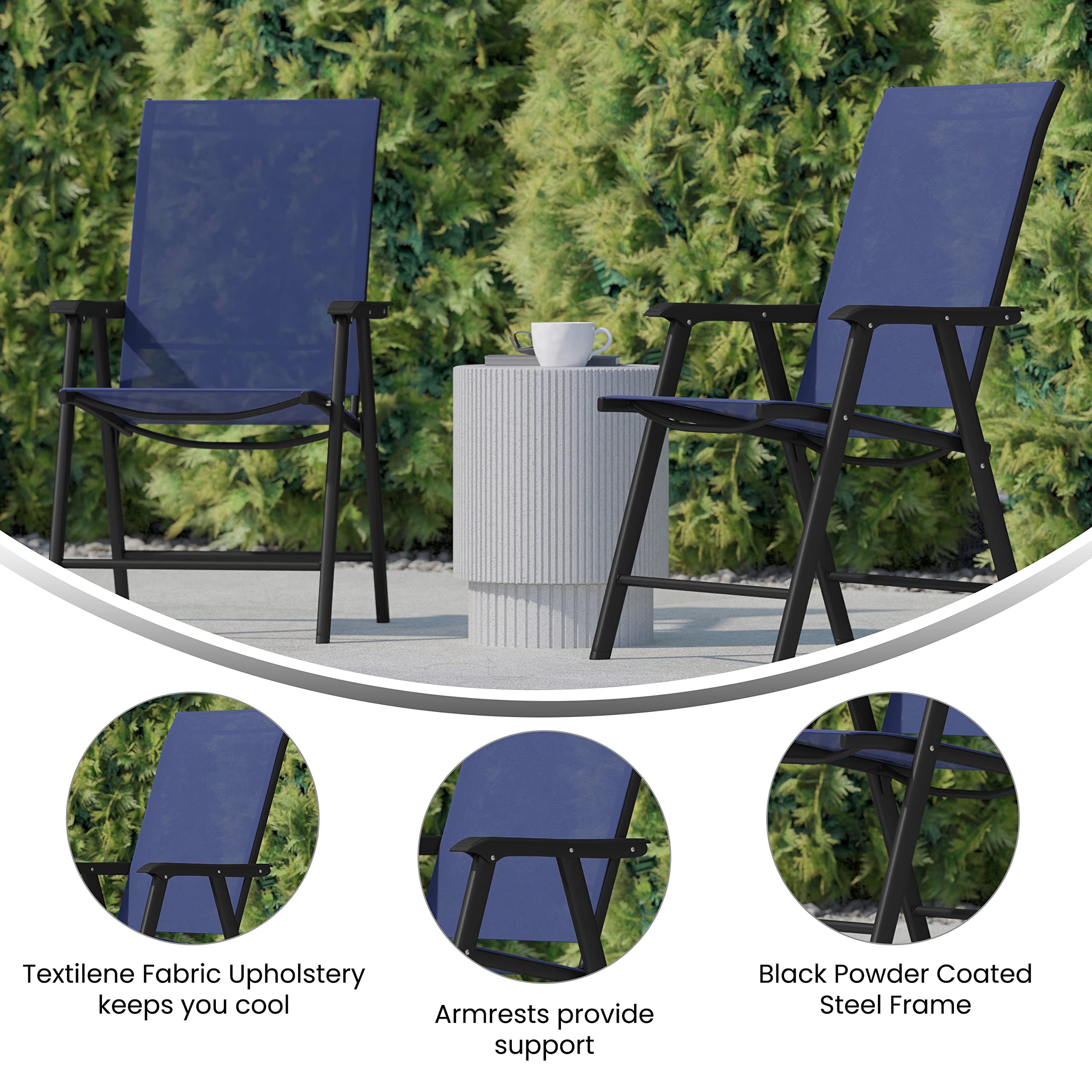 Flash Furniture Paladin Navy Outdoor Folding Patio Sling Chair with Black Frame (2 Pack) - Perfect for Poolside, Backyard, Deck, and Beach Relaxation
