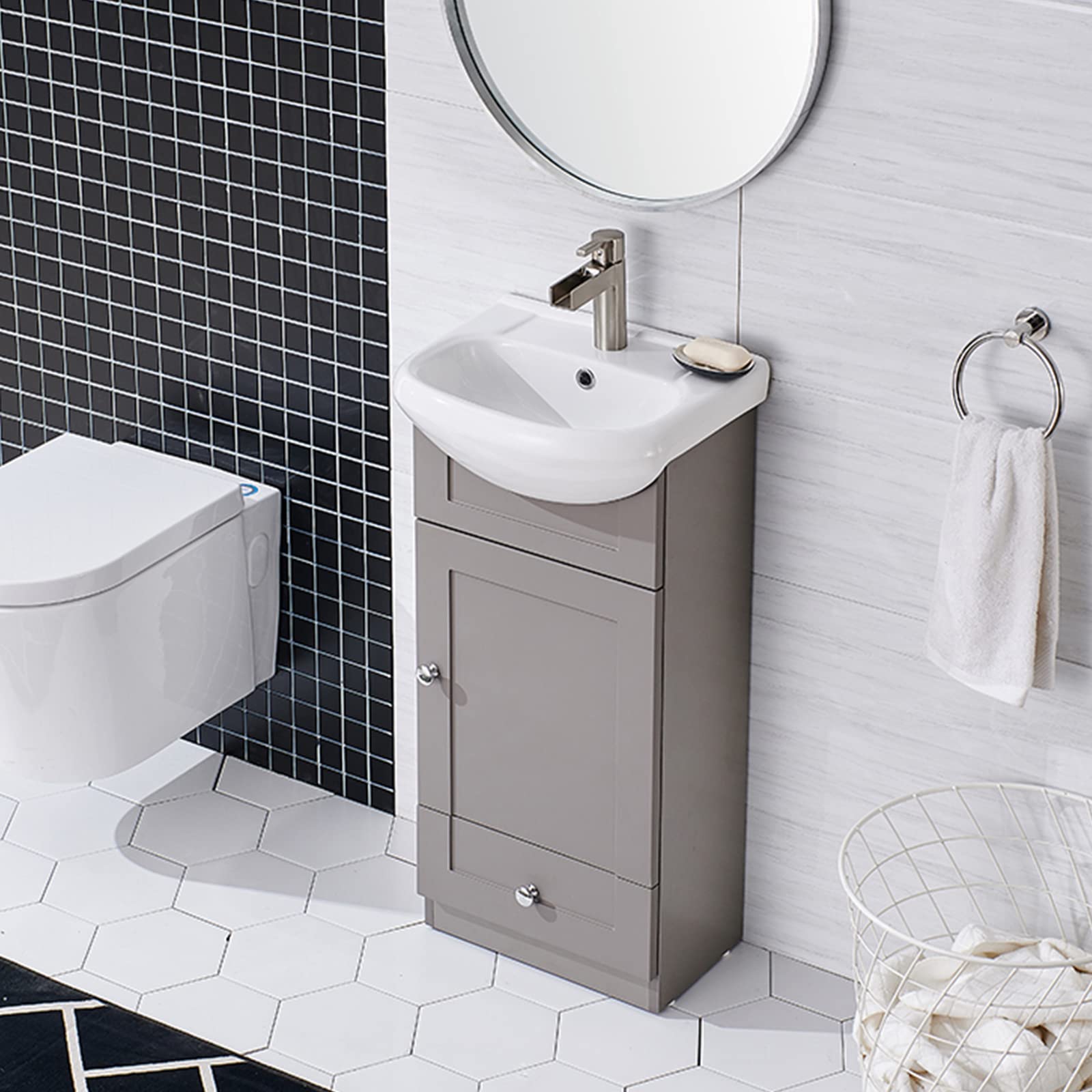 18 Inch Small Bathroom Vanity with Sink Combo - Freestanding Modern Grey Khaki Wood Vanity & Ceramic Vessel Sink Set - Space Saving Sink Cabinet with 1 Door & 1 Drawer - Perfect for Compact Bathrooms, Powder Rooms & Small Spaces