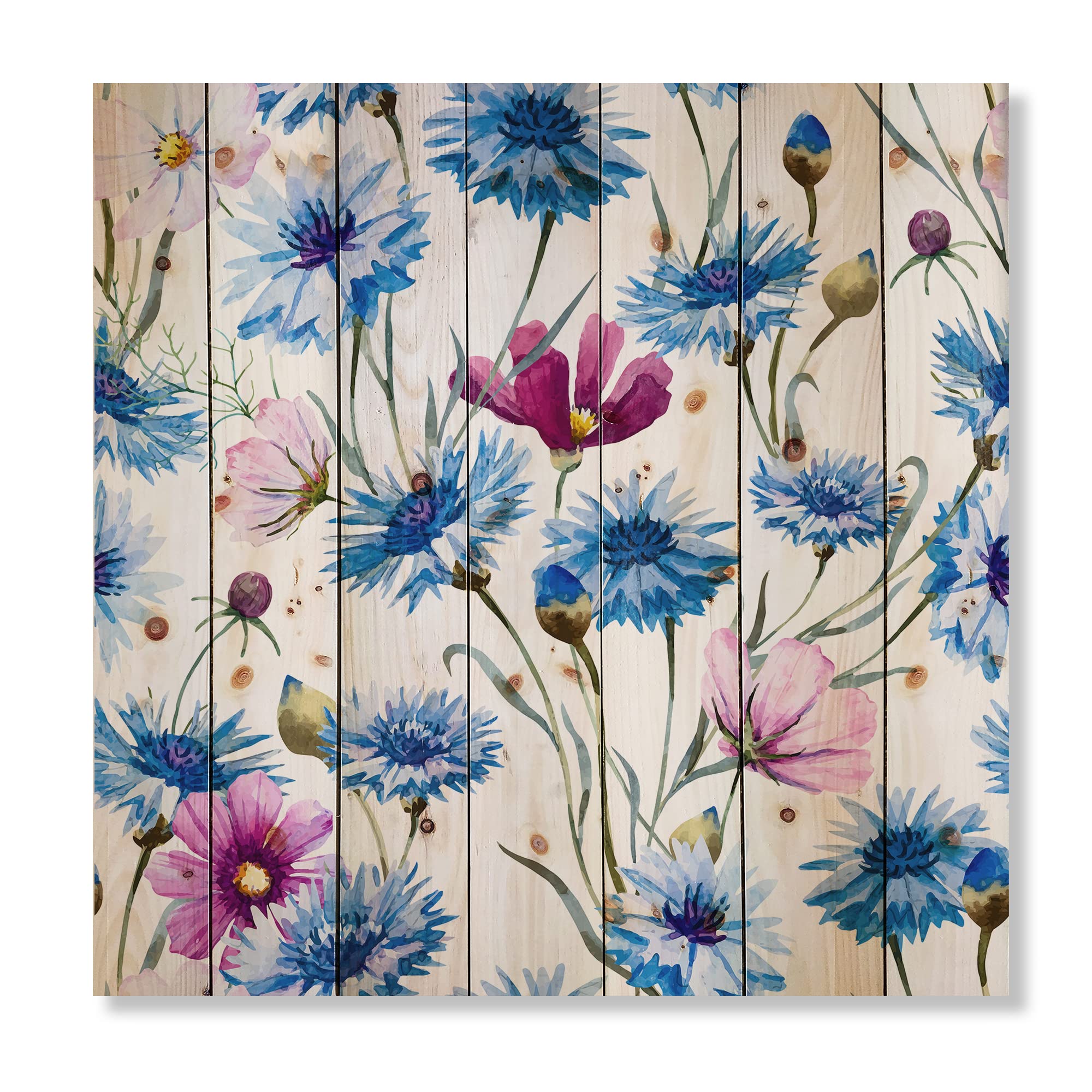 DesignQ Blue and Pink Wild Cornflowers Traditional Wood Wall Decor - Large Floral Wood Wall Art Panels Printed on Natural Pine - Perfect for Living Room, Bedroom, or Office Decoration