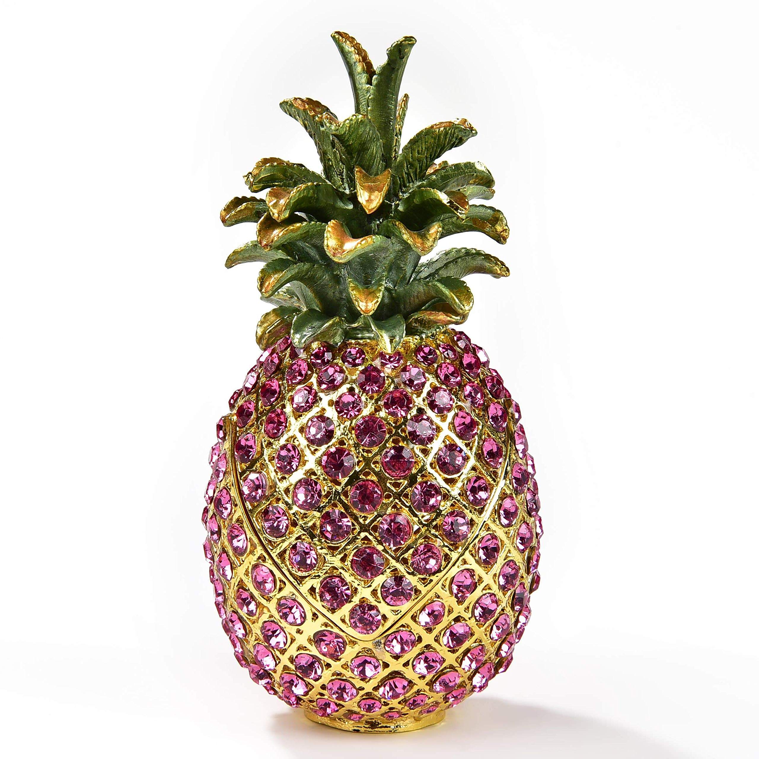 KALIFANO Pink Pineapple Jewelry Box with Swarovski Crystals - Handmade Gemstone Storage Organizer for Earrings, Necklaces & Rings | Elegant Display Case & Collectible Home Decor for Bedroom, Vanity or Gift