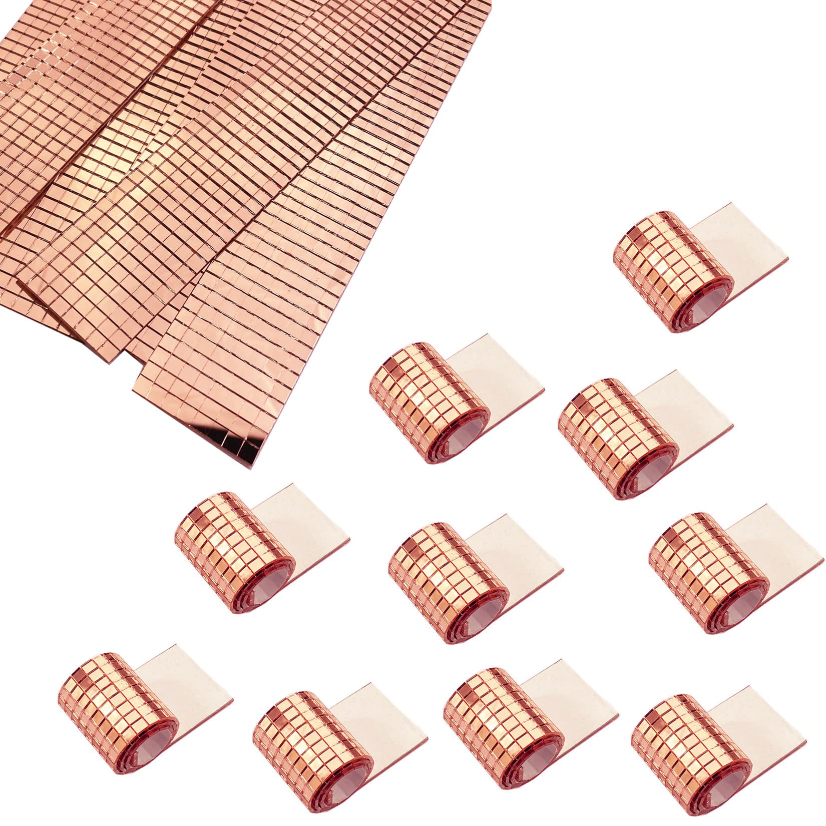 10 Rolls Rose Gold Real Glass Mosaic Tiles - 5mm x 5mm Mini Square Stickers (4800Pcs) - Self-Adhesive DIY Craft Decor for Home, Bathroom, Wall Art & Mirror Projects - 4X30cm Each Roll