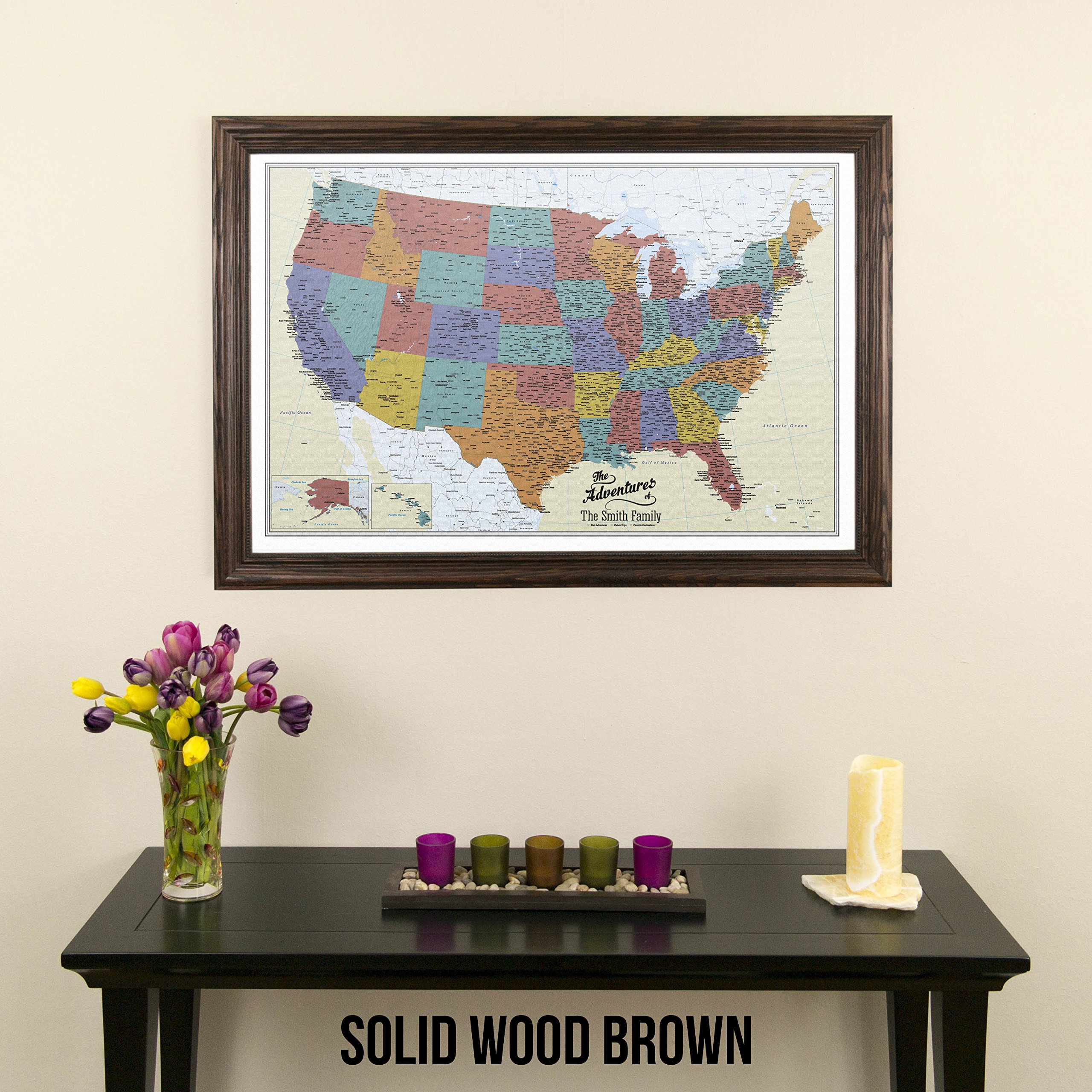Personalized Tan Oceans USA Push Pin Travel Map with Solid Wood Brown Frame - Perfect for Home Decor, Travel Planning & Gifts