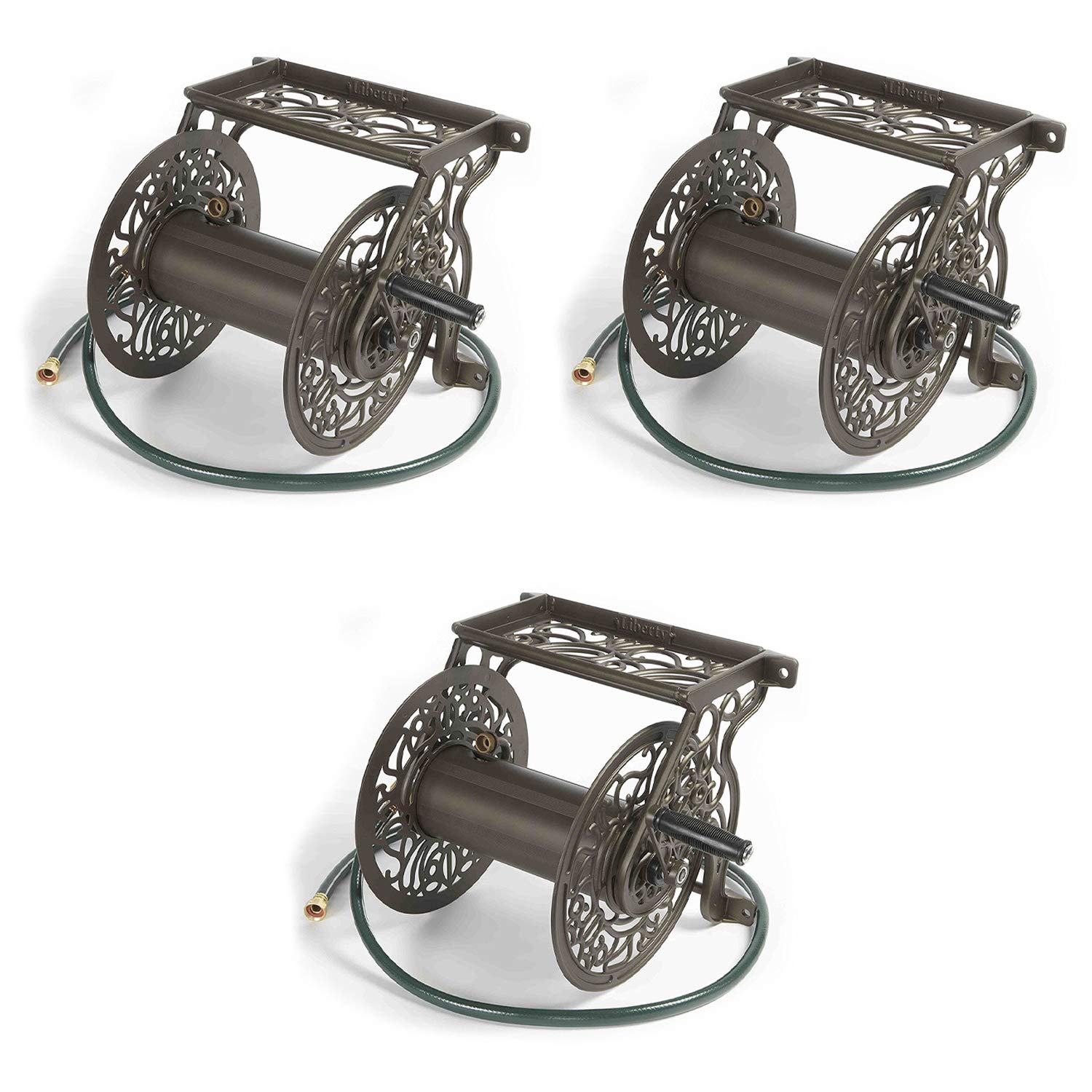 Liberty Garden LBG-704 125ft Heavy Duty Steel Decorative Garden Hose Reel Wall Mount (3 Pack) - Perfect for Outdoor Watering, Lawn Care & Backyard Organization