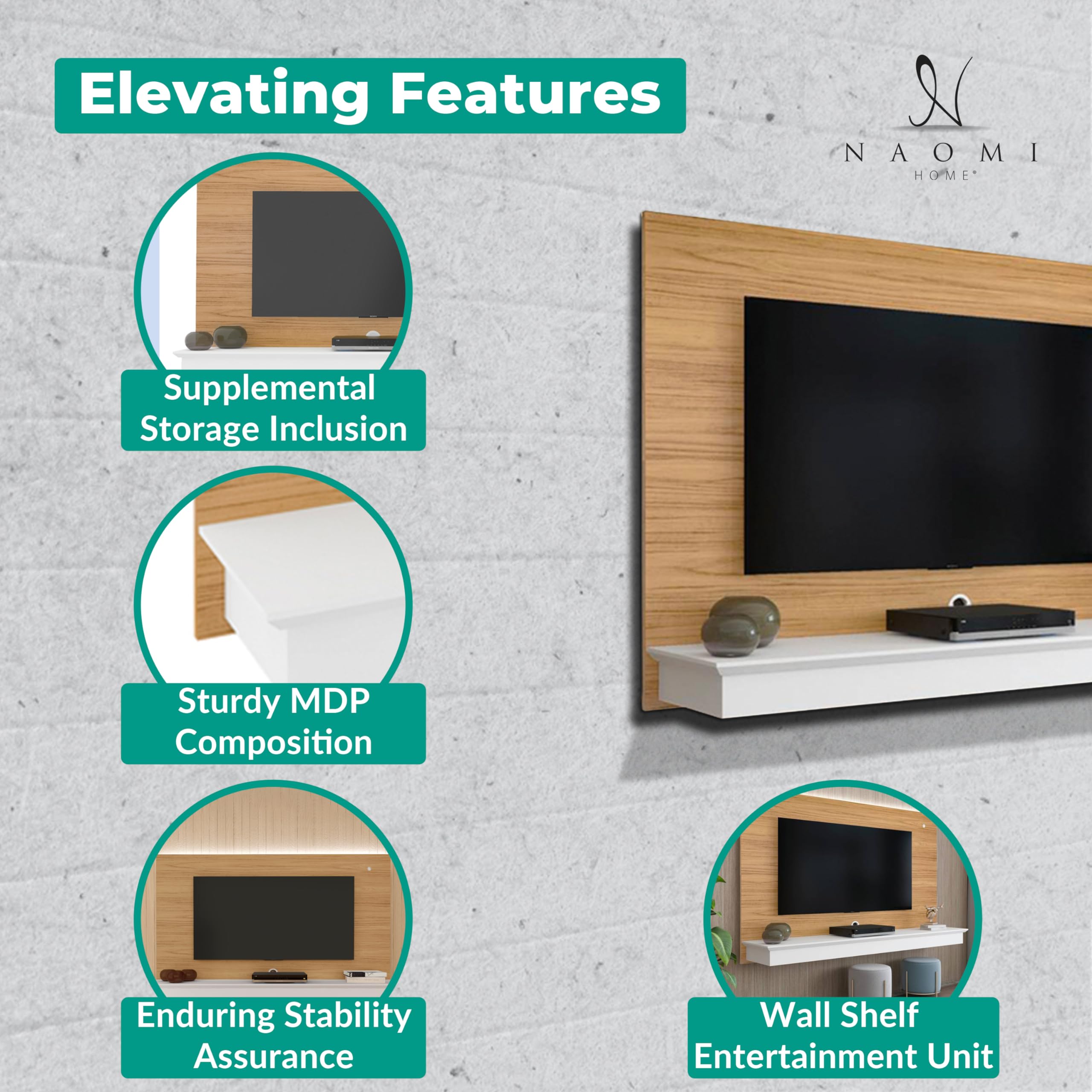 Naomi Home Deborah Floating TV Stand for 55 Inch TVs - Wall Mount Entertainment Center with LED Lights & Storage Shelf - Modern White & Natural Wood Finish - Perfect for Living Room, Bedroom & Home Theater Setup