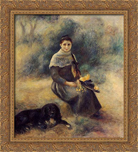 Pierre Auguste Renoir 'Young Girl With A Dog' 20x22 Inch Gold Ornate Wood Framed Canvas Art Print - Classic French Impressionist Painting for Living Room, Bedroom & Office Decor