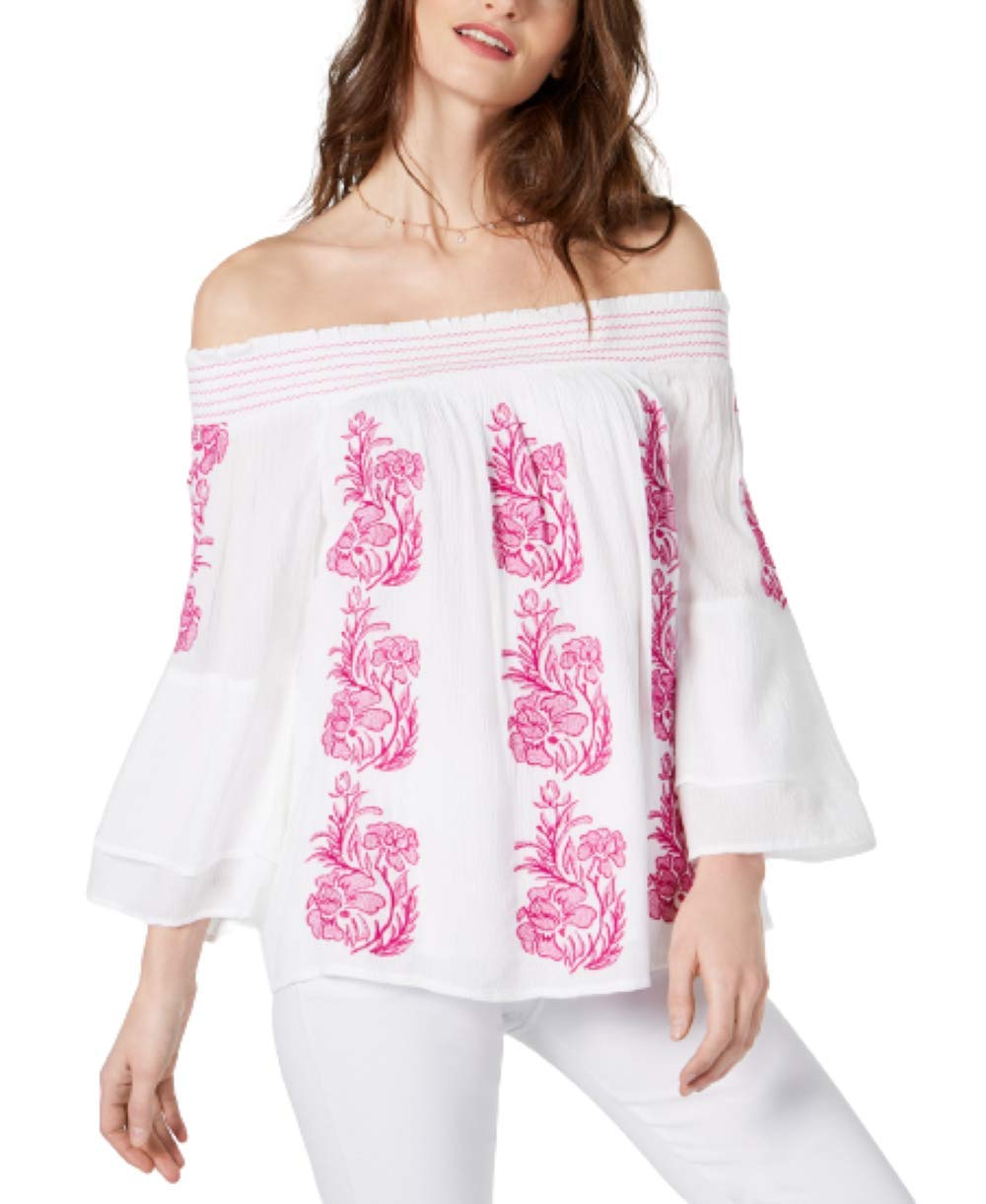 INC Women's Embroidered Off-The-Shoulder Blouse - Bright White Cotton Summer Top for Beach, Party & Date Night Outfits