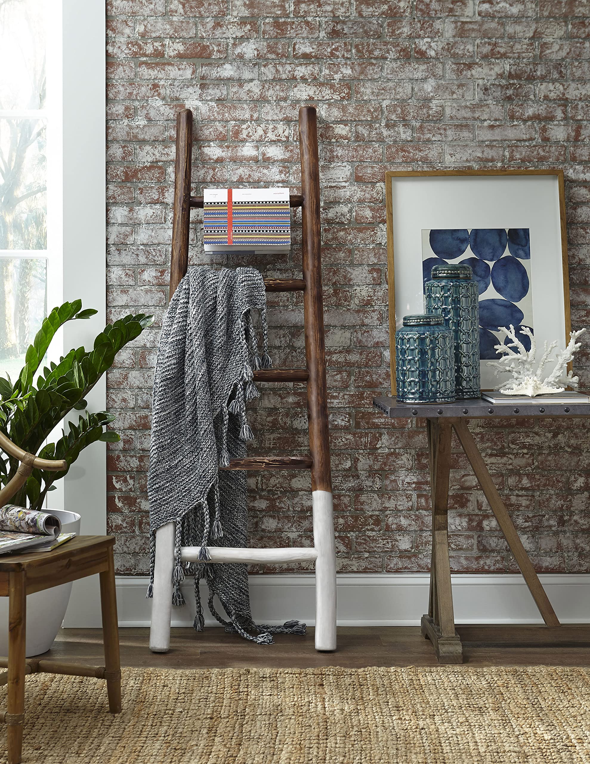 Progressive Furniture Cinnamon & White Millie Blanket Ladder - Rustic Wooden Blanket Display Ladder for Farmhouse, Bedroom & Living Room Decor