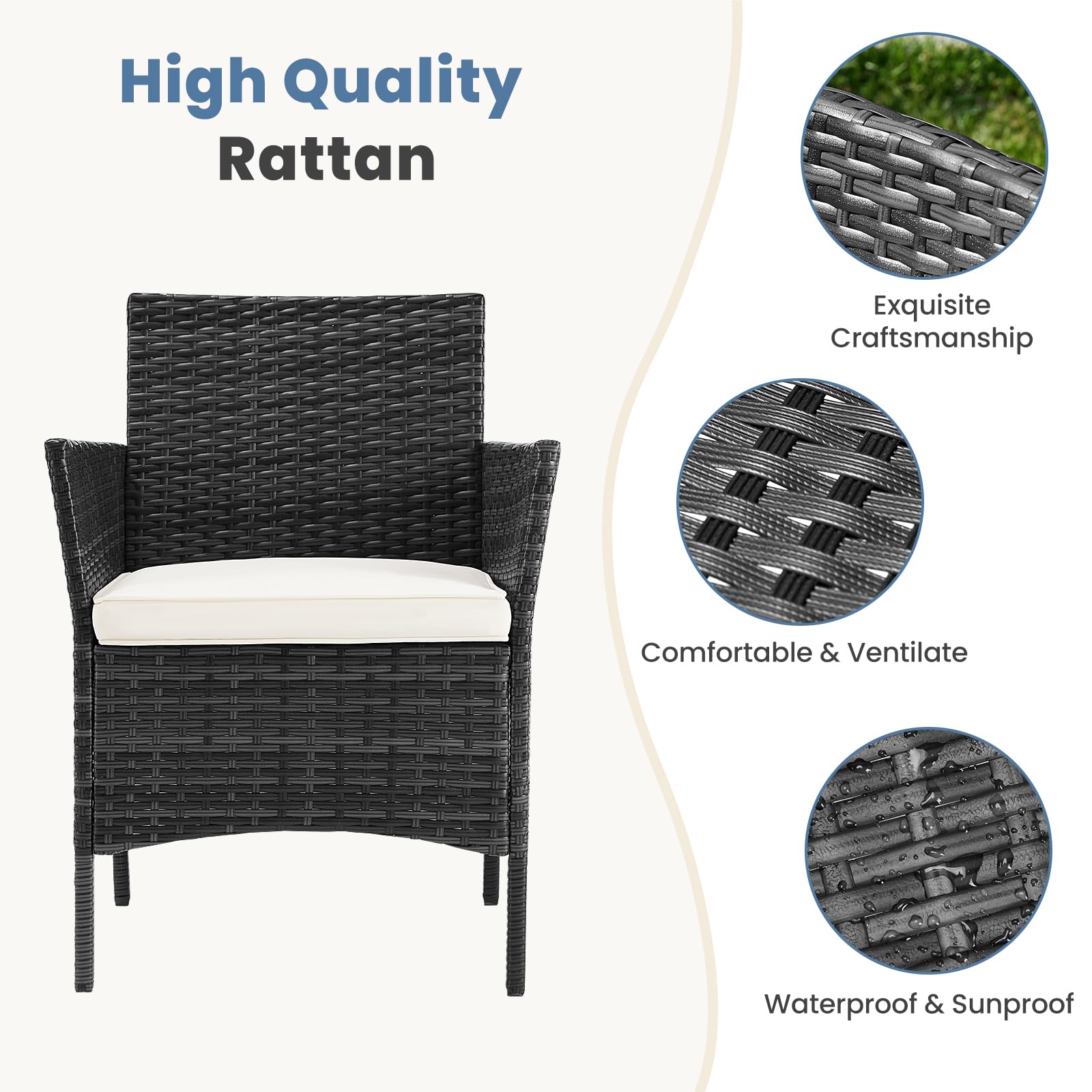 DUMOS 3-Piece Patio Furniture Set - Outdoor Wicker Rattan Sofa & Coffee Table - Modern Garden Conversation Set for Terrace, Porch, Balcony, Lawn (Black & Beige) | Perfect for Outdoor Relaxation & Entertaining
