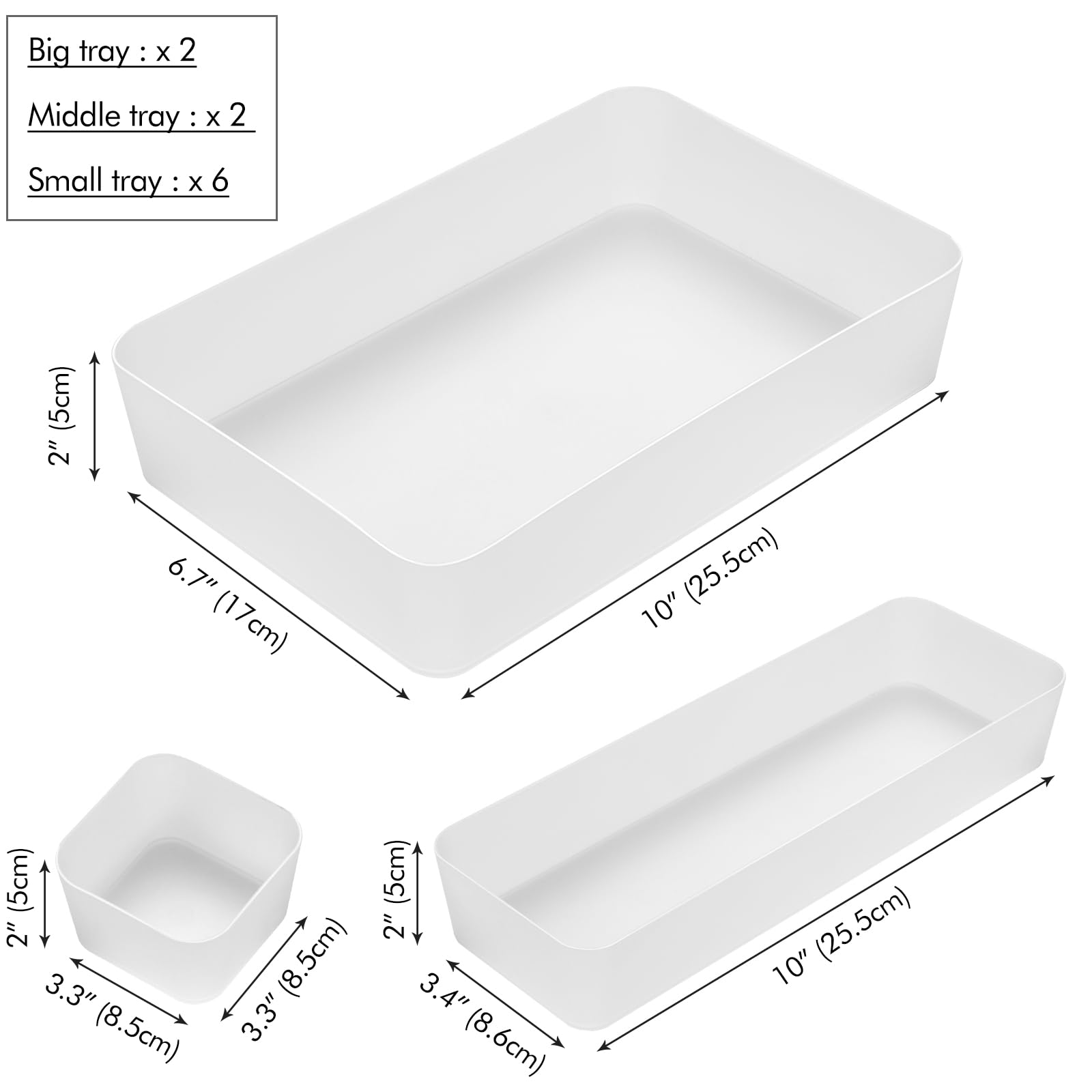 Poeland 10-Piece Clear Frosted Drawer Organizer Trays - Storage Box for Bedroom Dresser, Bathroom & Kitchen - Perfect for Jewelry, Makeup, Utensils & Small Item Organization