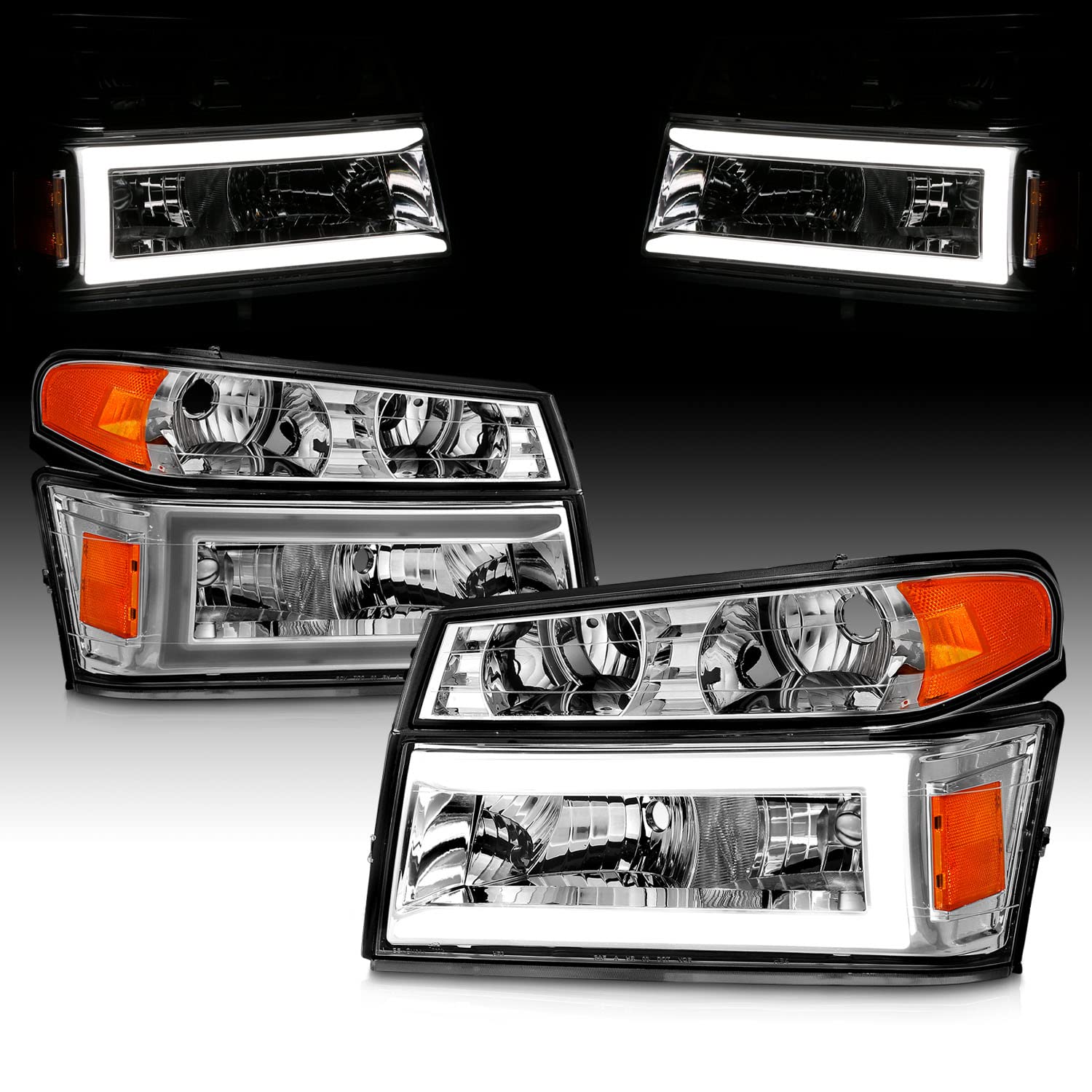 AmeriLite LED Headlights for 2004-2012 Chevy Colorado & GMC Canyon - C-Shape LED Tube Replacement Headlights with Running Turn Signal Lamps (4-Piece Set) - Upgrade Your Truck's Style & Night Visibility