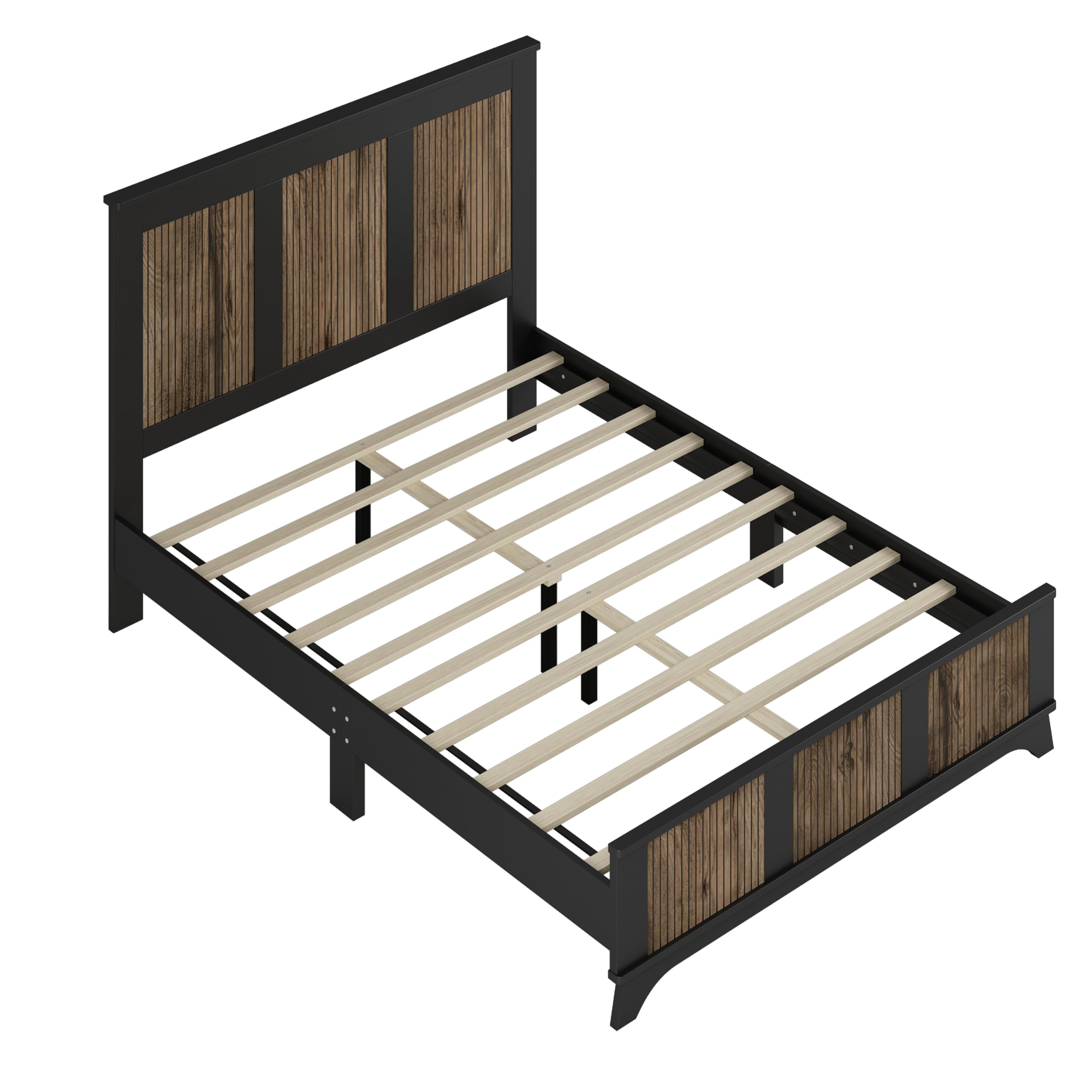 4-Piece Queen Size Farmhouse Bedroom Set - Wooden Strip Platform Bed with Storage Nightstand & Metal Handle Dresser (Black) - Perfect for Rustic, Modern or Farmhouse Style Bedrooms