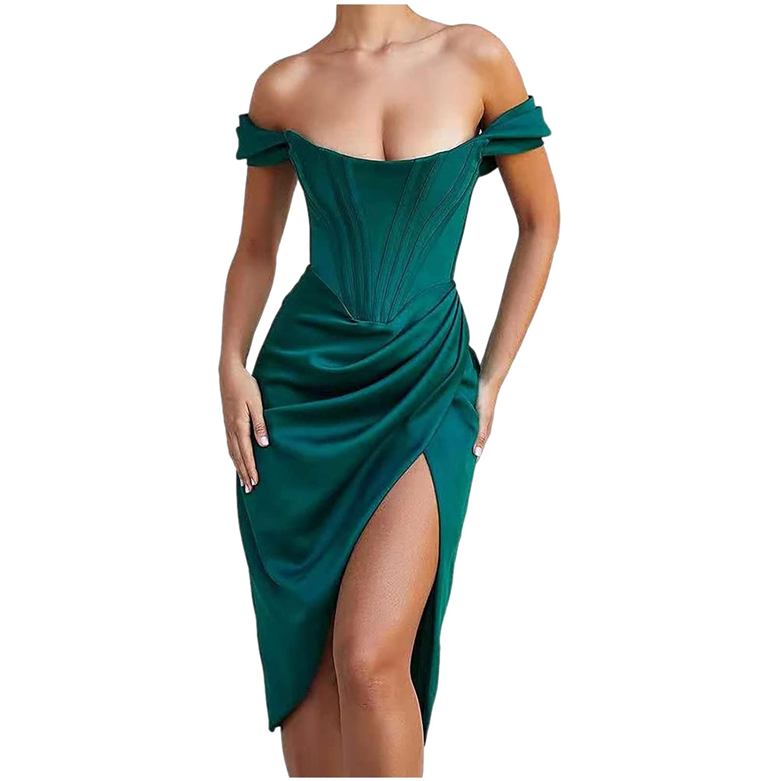 Twoker Women's Elegant Off-Shoulder Push Up Midi Dress with High Slit - Rayon Cocktail Party & Wedding Guest Dress for Women - Perfect for Evening Events, Date Nights & Special Occasions