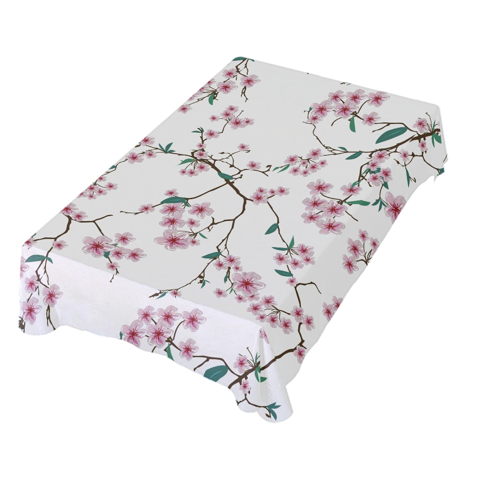Cherry Blossom Pink & Green Spring Tablecloth - 60 x 108 Inch Rectangular Polyester Table Cover for Party, Wedding, Easter & Dinner Table Decor - Washable Wrinkle-Resistant Dining Table Cloth for Home, Restaurant & Outdoor Events