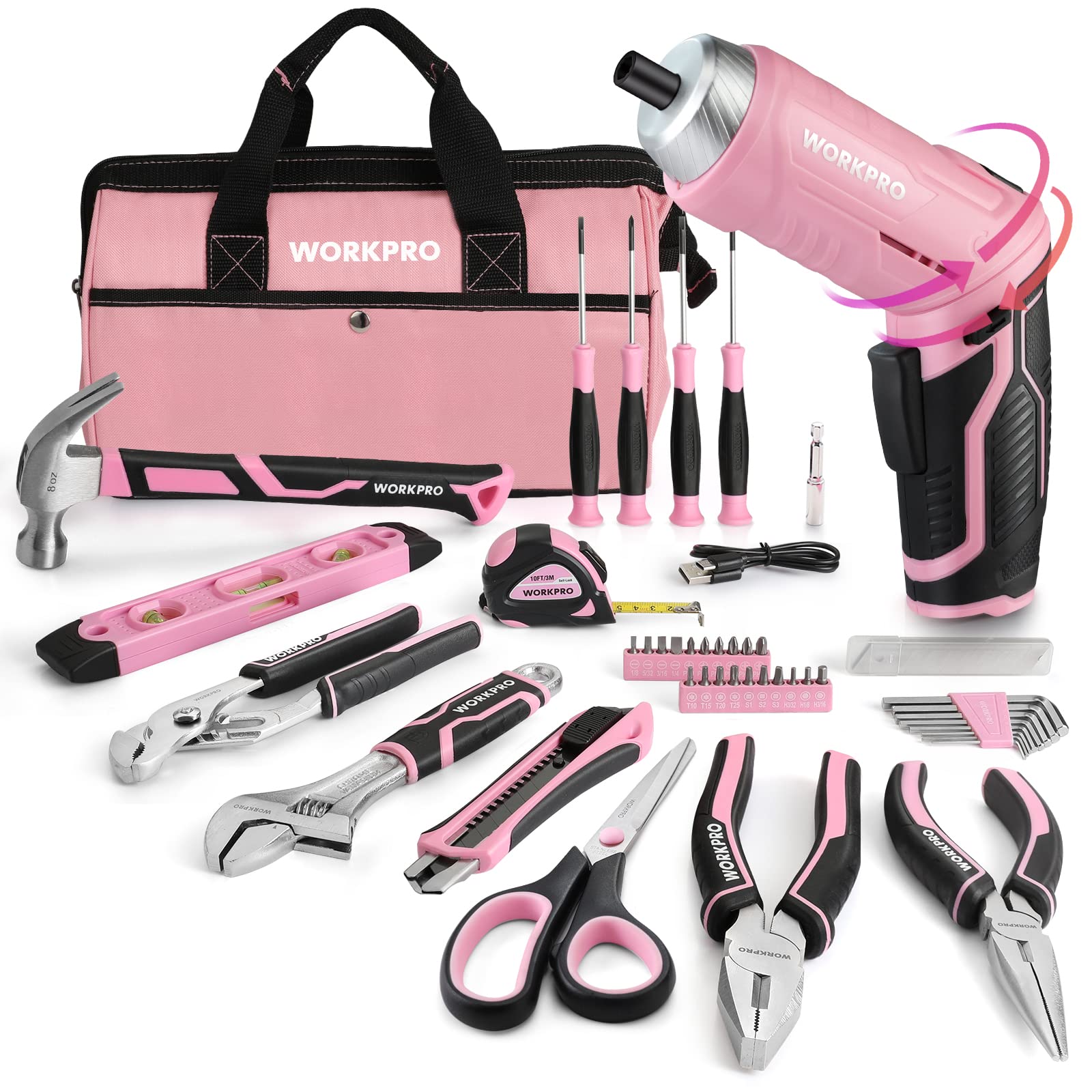 **WORKPRO 53-Piece Pink Tool Set with Electric Cordless Screwdriver - Basic Tool Kit for Women, Includes 13'' Portable Tool Bag - Perfect for DIY Home Repair, Maintenance & Crafting - Pink Ribbon Design**