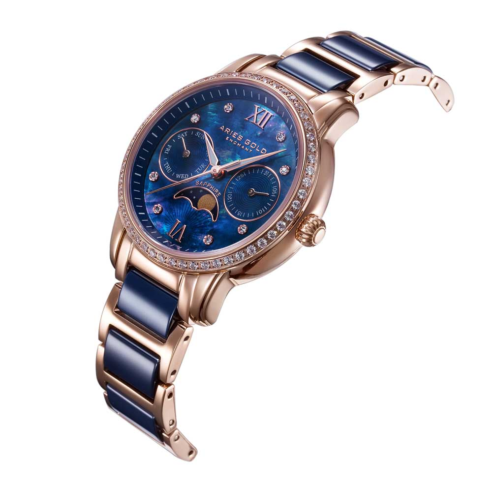 ARIES GOLD ENCHANT LUNA Rose Gold Stainless Steel Women's Watch with Blue Ceramic Bezel - Elegant Dress Watch for Women, Perfect for Office, Party & Special Occasions