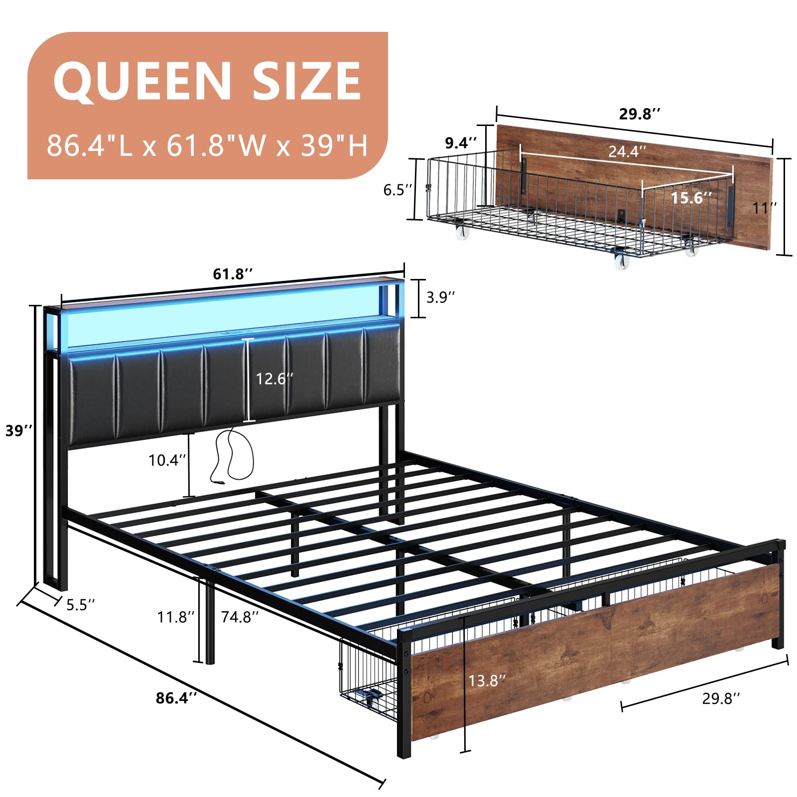 AMERLIFE LED Queen Size Bed Frame with 2-Tier Storage Drawers, Leather Upholstered Platform Bed with USB Charging Station Headboard - No Box Spring Needed, Easy Assembly, Noise Free, Rustic Brown - Perfect for Small Bedrooms, Guest Rooms & Modern Home Decor