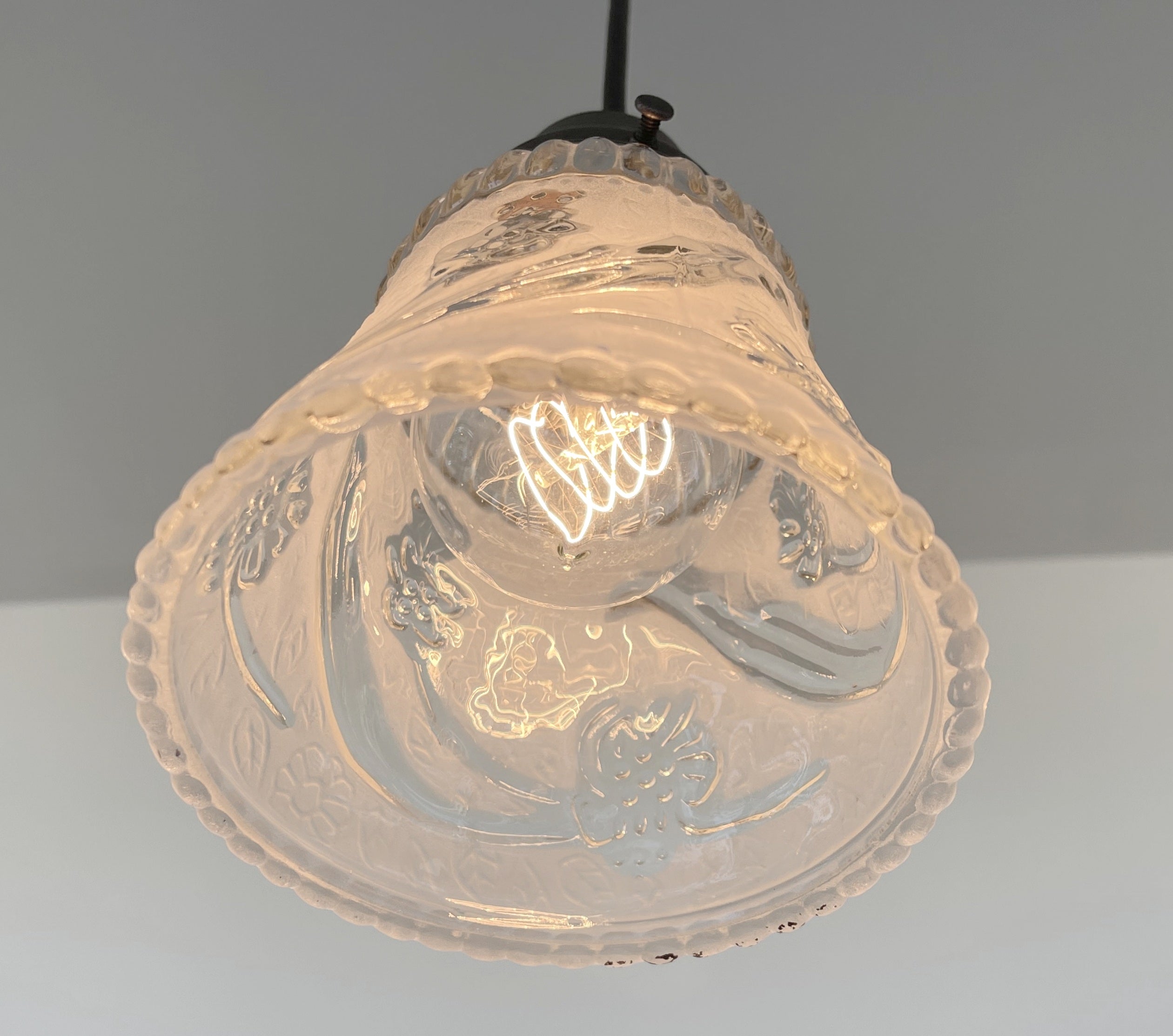Vintage 1960's Frost & Clear Glass Pendant Light - Mid Century Modern Ceiling Fixture for Dining Room, Kitchen, or Bedroom Lighting