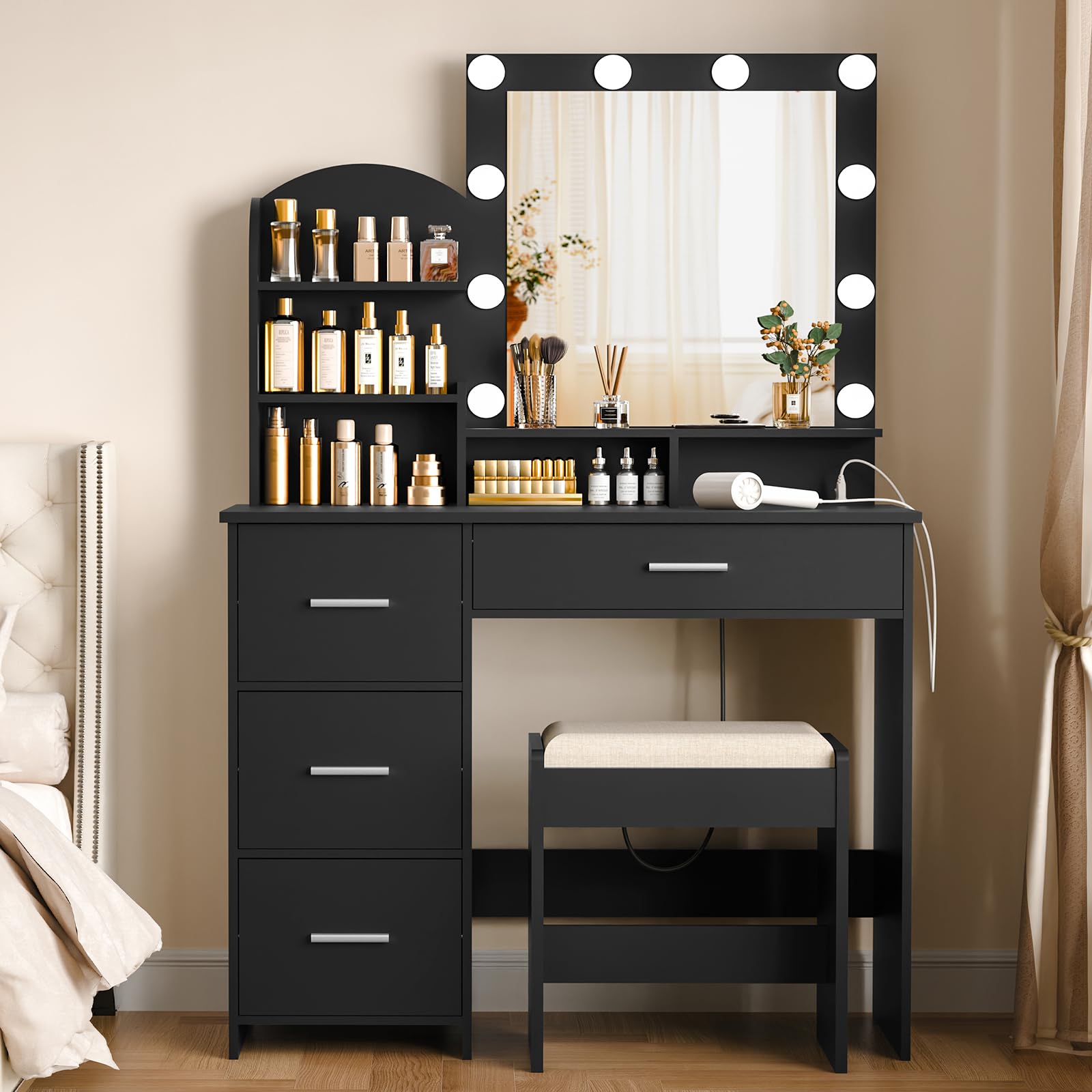 Quimoo Vanity Desk with Mirror & 10 LED Lights - Makeup Vanity Set with Charging Station, 4 Drawers & Shelves - Vanity Table with Cushioned Stool for Bedroom, Black - Perfect for Makeup Application, Skincare Routine & Home Decor