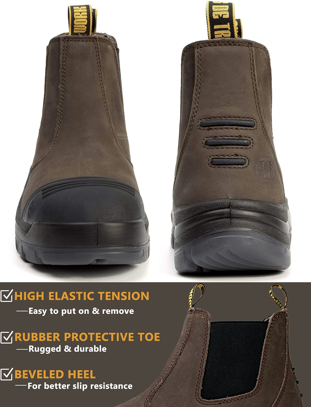 **Men's Steel/Soft Toe Waterproof Work Boots - Slip Resistant, Static Dissipative Safety Shoes for Construction & Outdoor Work (Dark Brown)**    **使用场景:** Ideal for construction workers, electricians, and outdoor laborers needing durable, waterproof, and slip-resistant footwear.