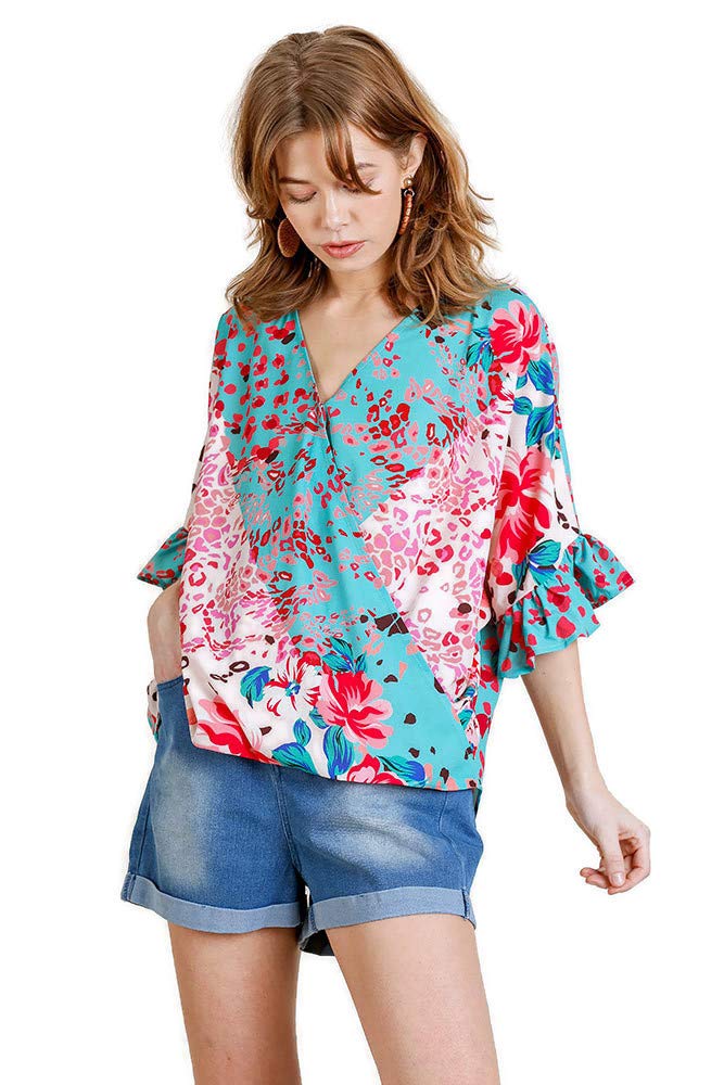 Umgee Women's Floral & Animal Print Crossbody Top - Stylish Boho Blouse for Casual Outings & Date Nights