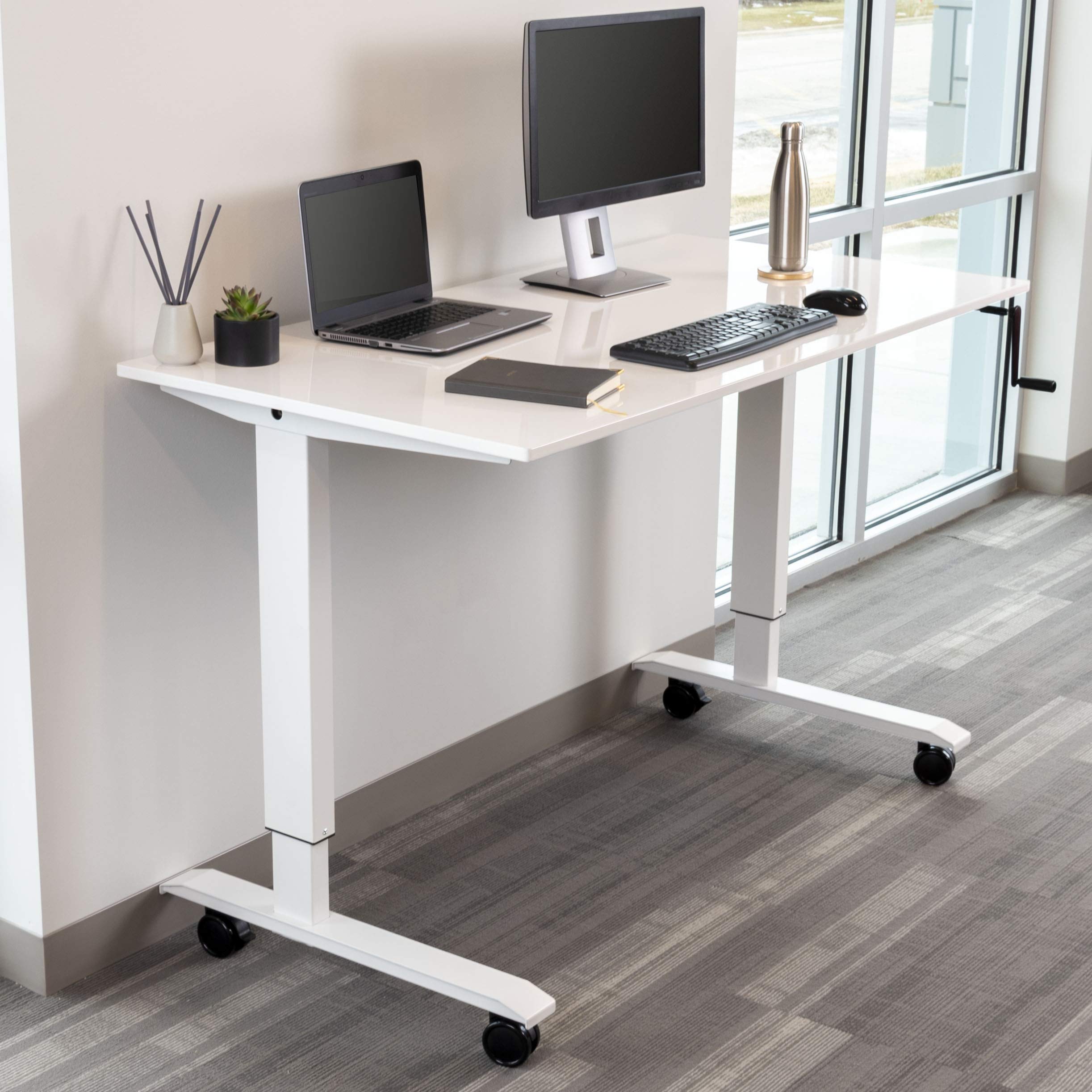 Adjustable Height Rolling Standing Desk with Crank - White Frame & Gloss White Top (60