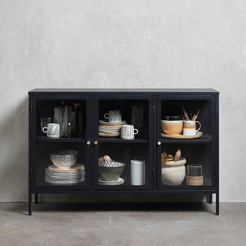 Modern CARMEL 3-Glass Door Sideboard Buffet Cabinet 132cm Black - Perfect for Dining Room Storage, Living Room Display & Home Organization
