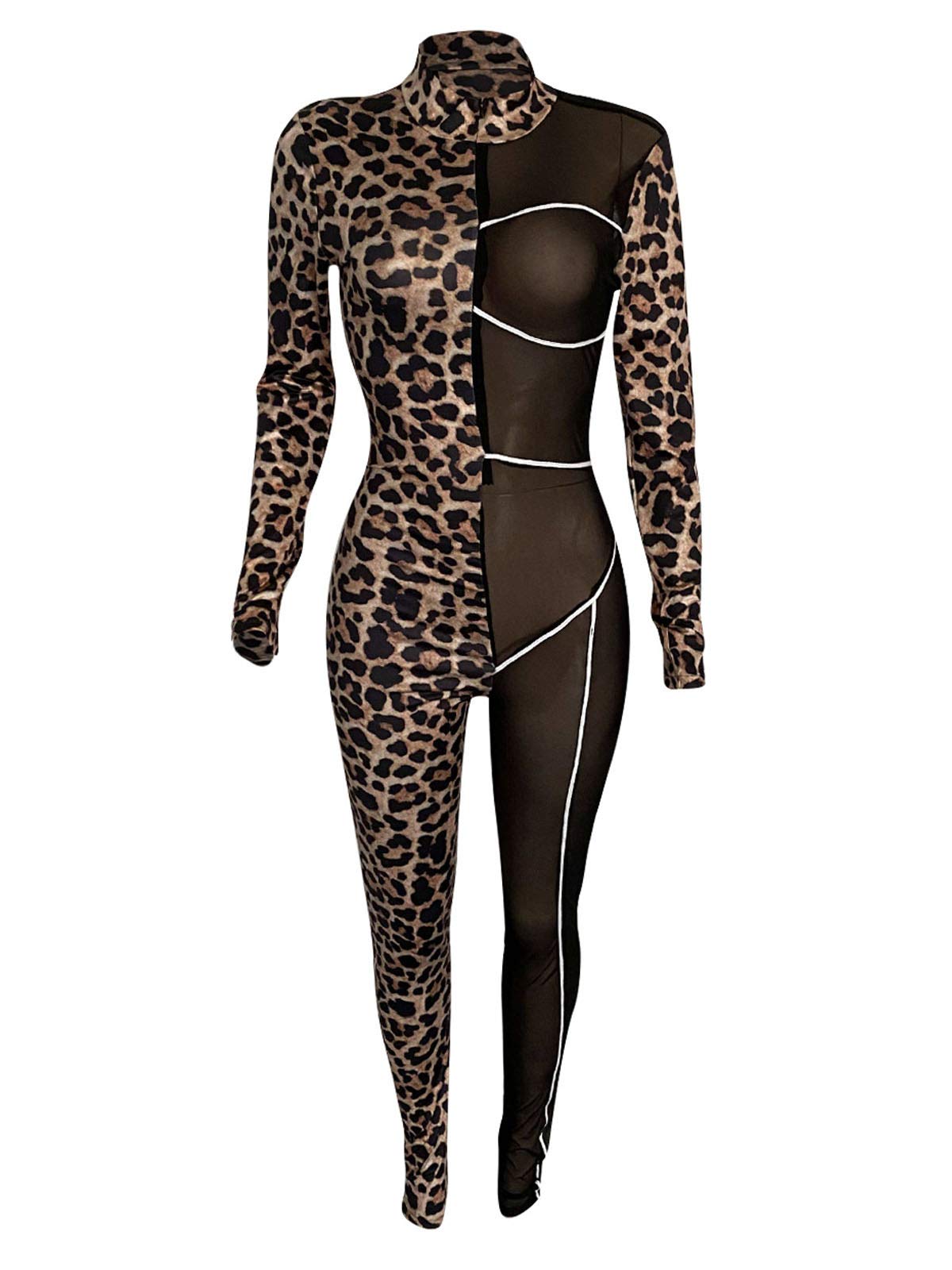 Sexy Sheer Mesh Leopard Print Bodycon Jumpsuit for Women - Deep V Neck One Piece Clubwear Romper | Perfect for Nightclubs, Parties, and Date Nights