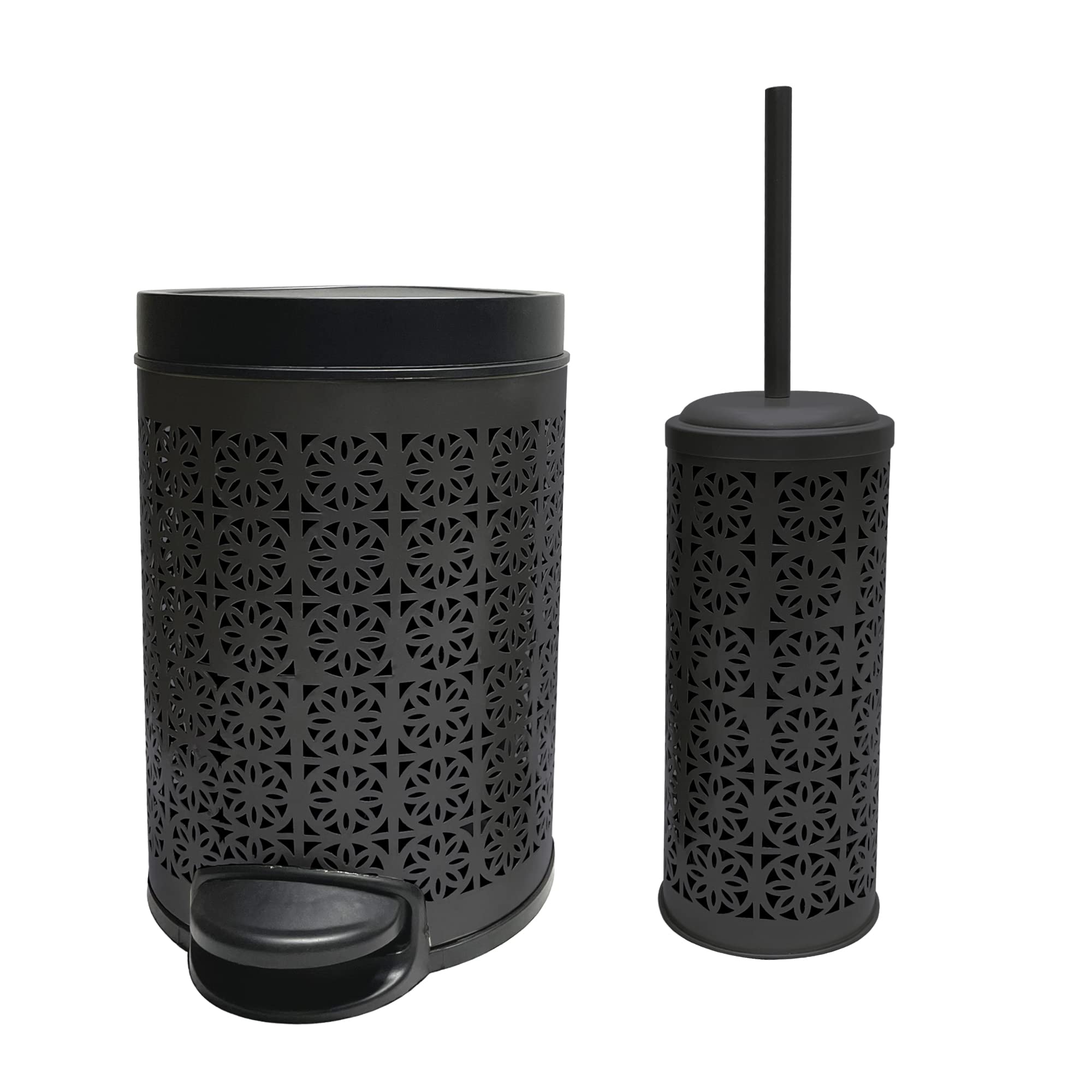 Premium Laser-Cut Oil-Rubbed Bronze Step Trash Can with Lid & Toilet Brush Holder - 5L/1.32gal Capacity for Kitchen, Bathroom, Bedroom, RV & Outdoor Use - Ideal for Waste Disposal & Bathroom Organization