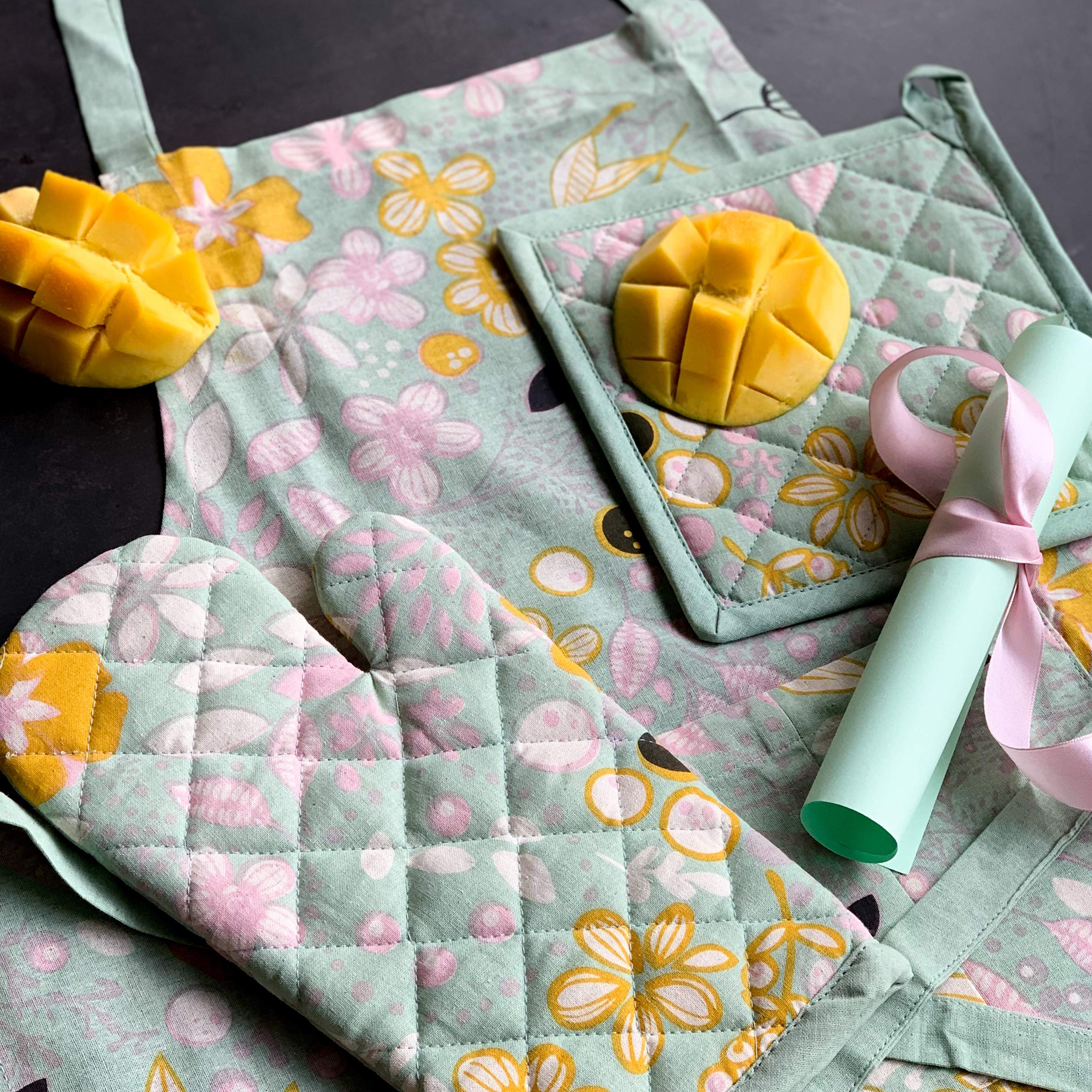 Organic Cotton Floral Print Apron Set with Oven Mitt & Pot Holder - Green | Kitchen Cooking Baking BBQ Accessories for Women & Men | Perfect for Home, Restaurant & Outdoor Grilling