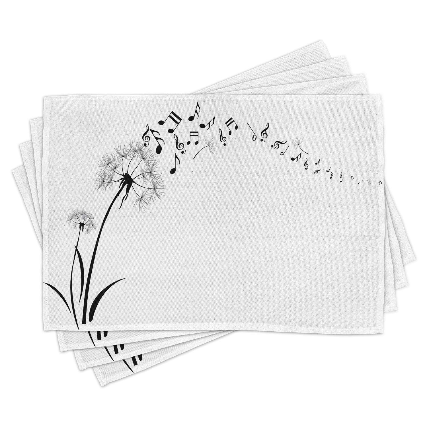 Ambesonne 4-Piece Music Placemats Set - Flying Dandelions with Musical Notes, Spring Meadow Silhouette Design, Soft Washable Fabric for Dining Table & Kitchen Decor (Black & White) | Perfect for Dinner Parties, Family Gatherings & Everyday Meals