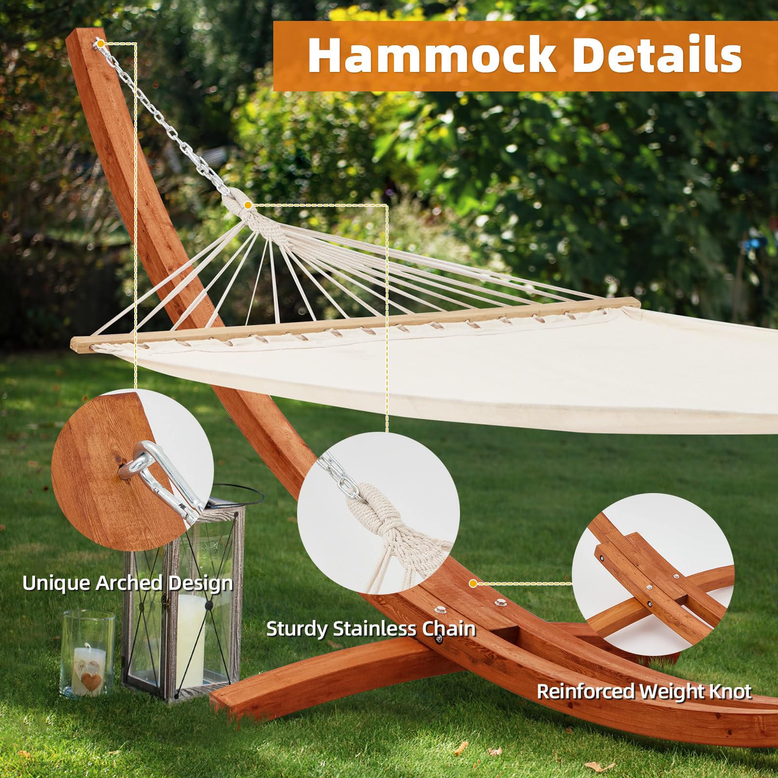 ECOTOUGE 13.3 FT Wooden Double Hammock with Stand - Heavy Duty 2 Person Hammock for Outdoor, Patio & Backyard - Easy to Assemble, Weatherproof & Premium Quilted Camping Hammock (White) - Perfect for Relaxing, Lounging & Camping Trips
