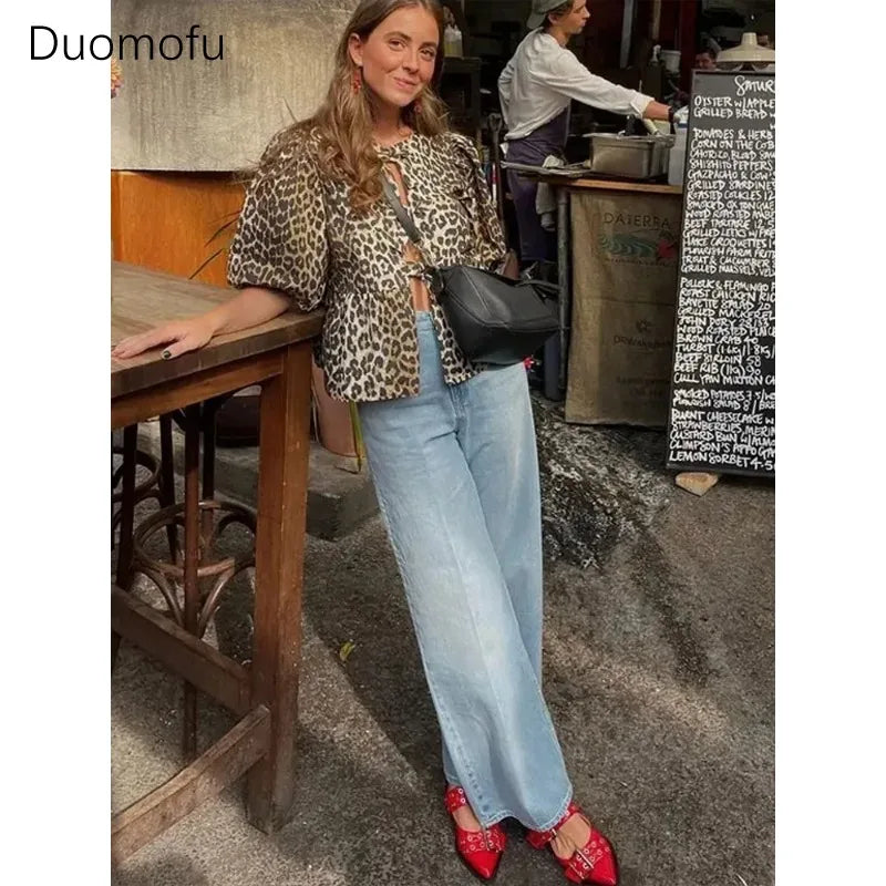 Duomofu Leopard Print Bow Tie Blouse for Women - Loose Fit Y2K Puff Sleeve Pleated Cropped Top | Summer Streetwear Fashion | Perfect for Casual Outings, Parties & Instagram Photos
