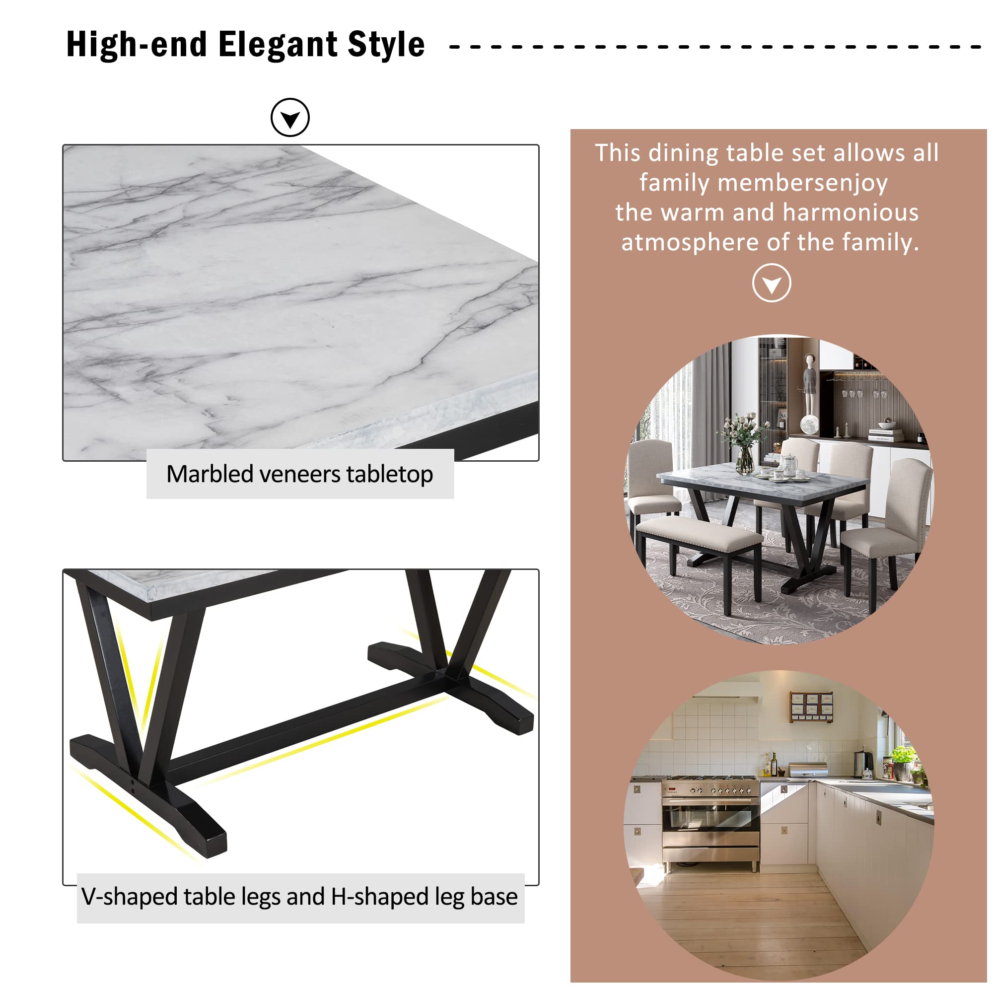 Yoglad 6-Piece White Dining Table Set with 60