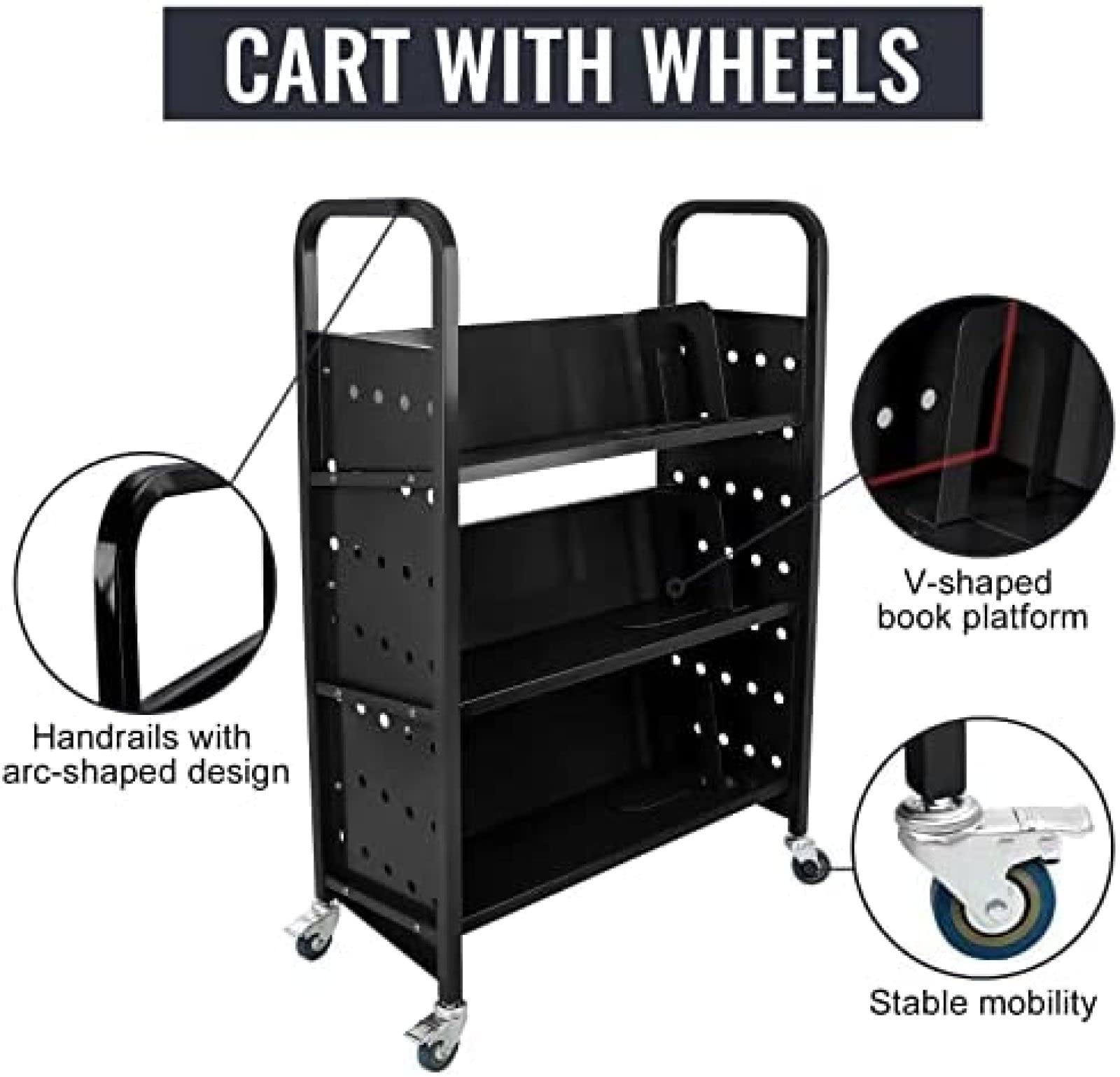 200 LBS Heavy Duty Library Book Cart - Single Sided L-Shaped & V-Shaped Rolling Book Truck with 4 Lockable Wheels for Home, Office, School - Perfect for Book Storage, Classroom Organization & Library Management