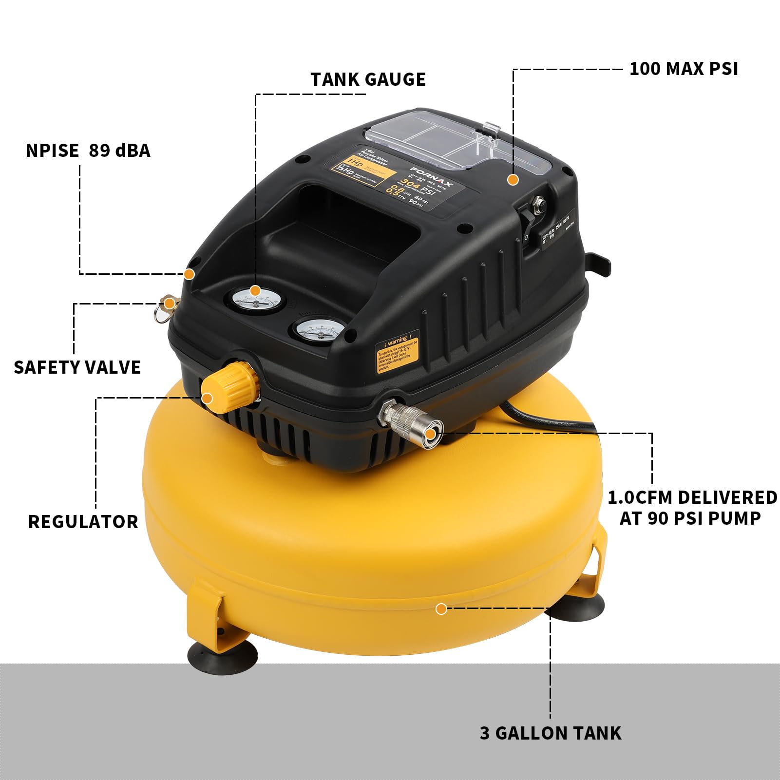 FORNAX 3 Gallon 110 PSI Oil-Free Pancake Air Compressor - Portable & Lightweight for Home DIY, Inflating Tires, Air Tools & Nail Guns - Ideal for Contractors, Carpenters & Auto Repair