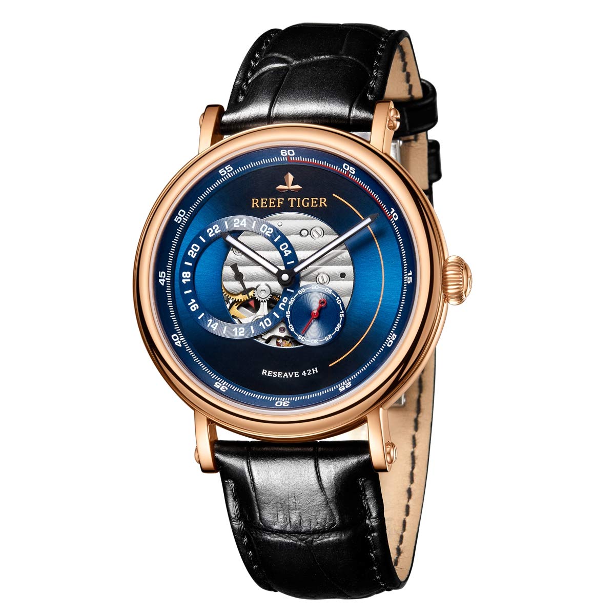 REEF TIGER Luxury Automatic Men's Watch - Blue Dial, Genuine Leather Strap, Water Resistant, RGA1617 Model - Perfect for Business, Formal Events & Gift Giving