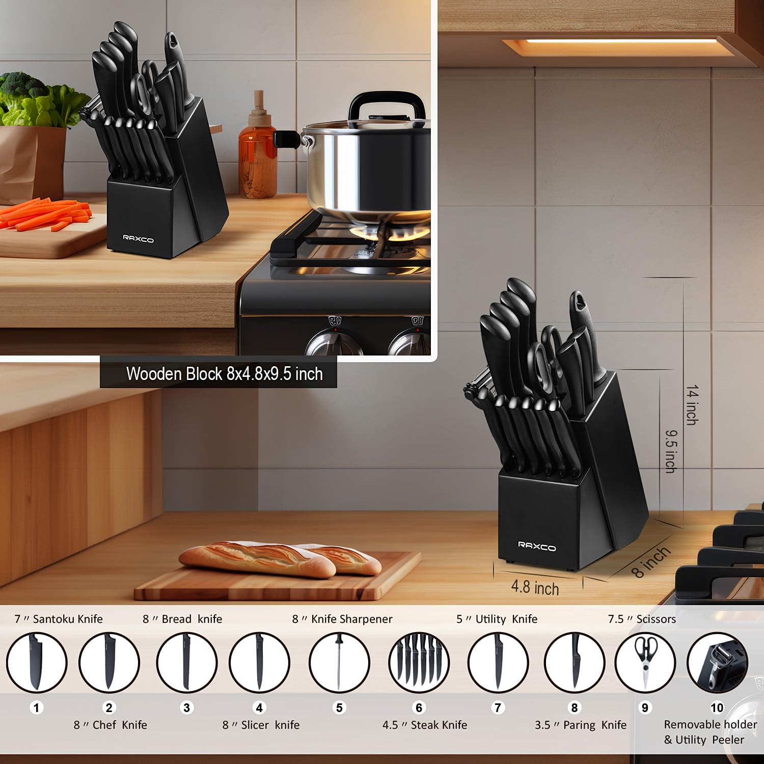 RAXCO 17-in-1 Premium Kitchen Knife Set with Wooden Block - Dishwasher Safe Stainless Steel Knives for Chopping, Slicing & Dicing - Perfect for Home Chefs & Cooking Enthusiasts