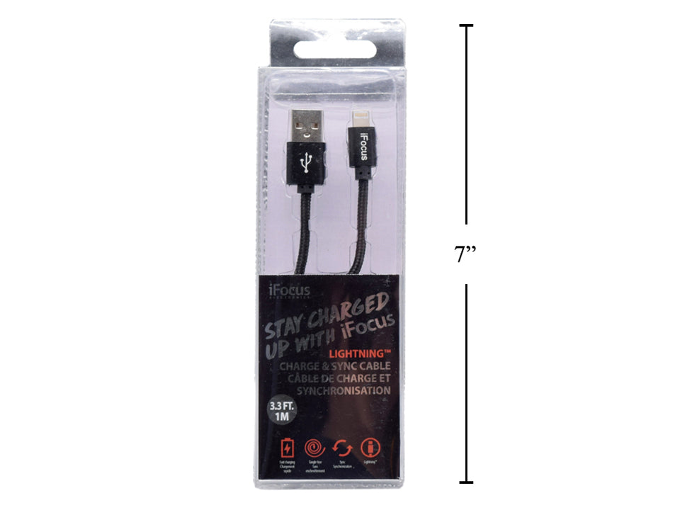 iFOCUS Lightning to USB Cable - 3ft Fast Charging & Sync Cable for iPhone, iPad, iPod - Durable Nylon Braided (Black) - Perfect for Home, Office, Car & Travel Charging