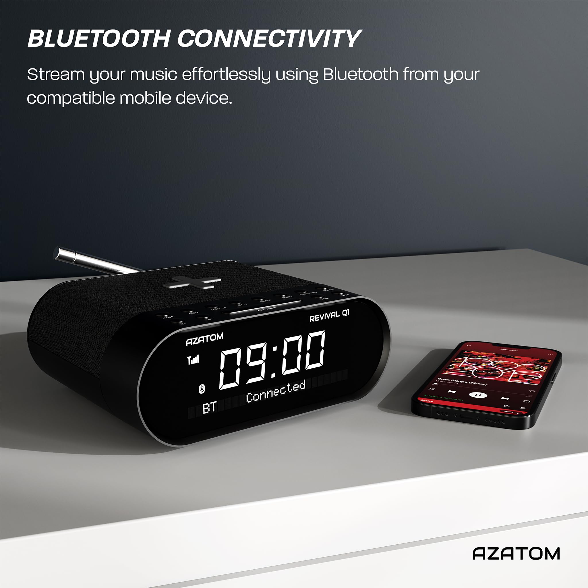 AZATOM Revival Q1 Black DAB+ Digital FM Clock Radio with Bluetooth, Wireless Charging & Dual Alarm - Bedside Alarm Clock with Sleep Timer, USB Port, AUX & Headphone Jack for Home, Office & Travel Use