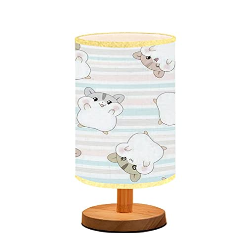 Cute Hamster Seamless Pattern Bedside Table Lamp - Minimalist Wooden Nightstand Light with Flaxen Fabric Shade for Bedroom, Living Room & Nursery - Perfect for Reading, Breastfeeding & Cozy Ambience