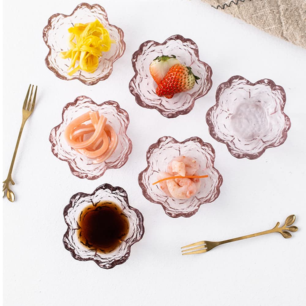 6 Pcs Sakura-Shaped Glass Seasoning Dishes - 3.4 Inch Small Dipping Bowls, Appetizer Plates & Cute Crystal Dessert Bowls in Pink - Perfect for Sushi, Soy Sauce, Snacks & Party Serving