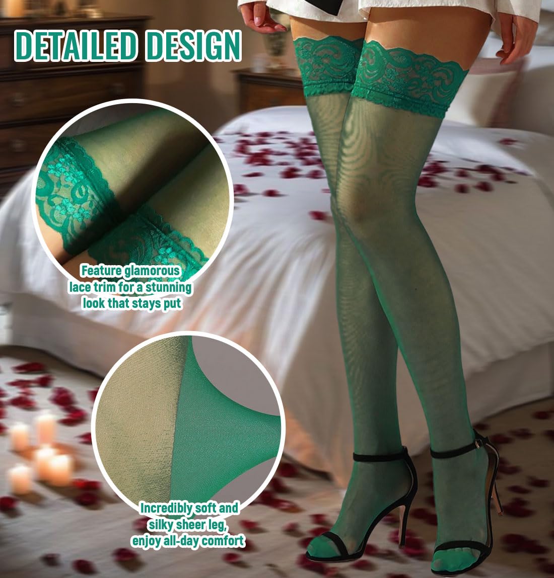 Sexy Women's Lace Top Thigh High Stockings - Silicone Stay-Up Silky Semi-Sheer Pantyhose for Valentine's Day, Date Night & Bridal Lingerie