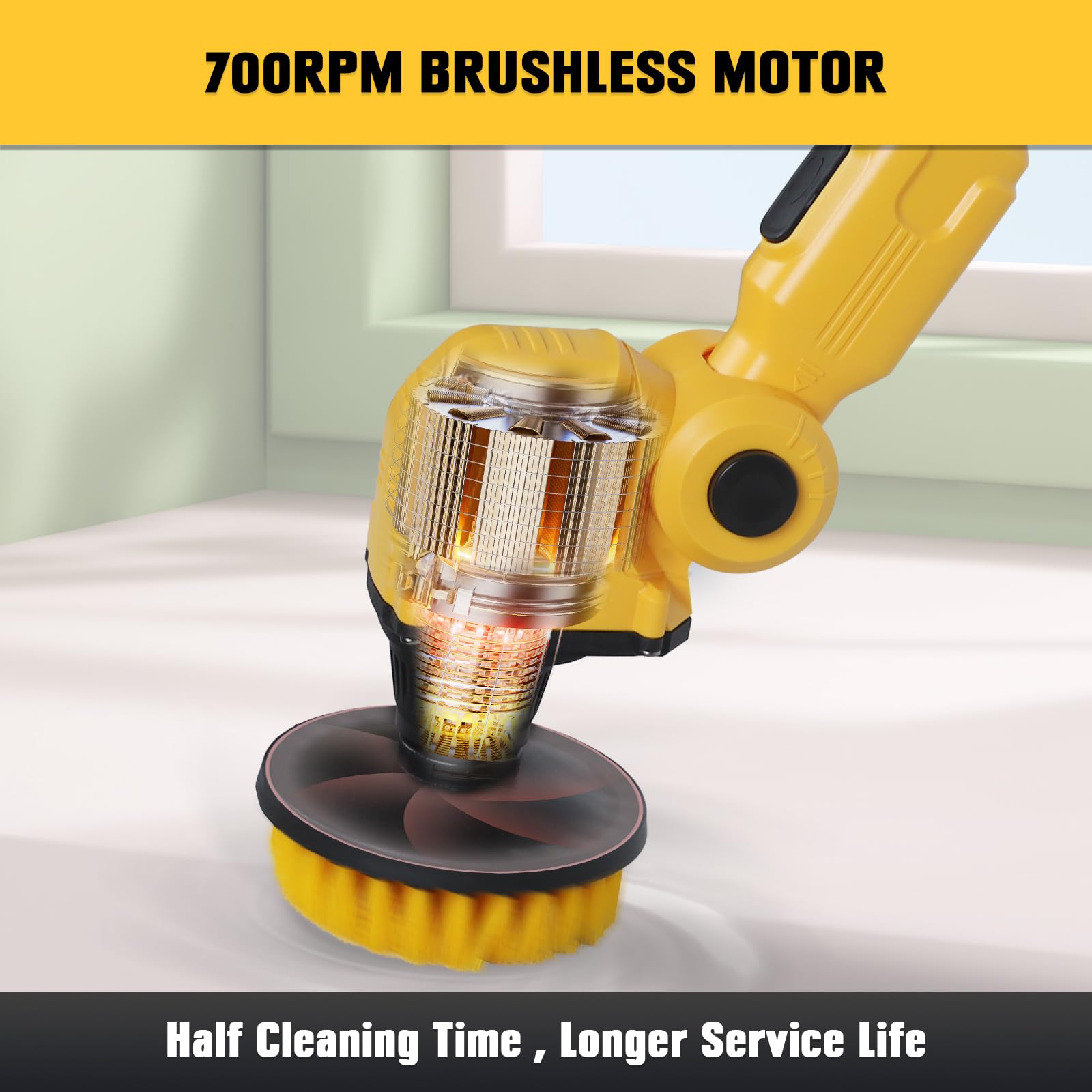 Electric Spin Scrubber with Dewalt 20V Max Battery Compatibility (Tool Only) - 700RPM Brushless Shower Cleaning Brush with Telescopic Long Handle & 2 Brush Heads - Perfect for Tub, Tile, Bathroom, Kitchen, Car Cleaning - Effortless Deep Cleaning for Tough Grime and Stains