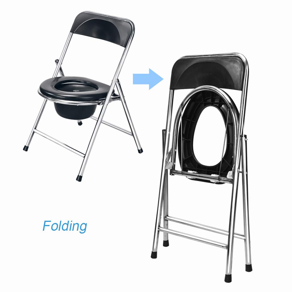 Portable Folding Commode Chair - Steel Frame Bedside Toilet with Bucket & Lid, Non-Slip Leg Pads for Elderly & Disabled - Space Saving Shower/Toilet Chair for Home Care & Hospital Use