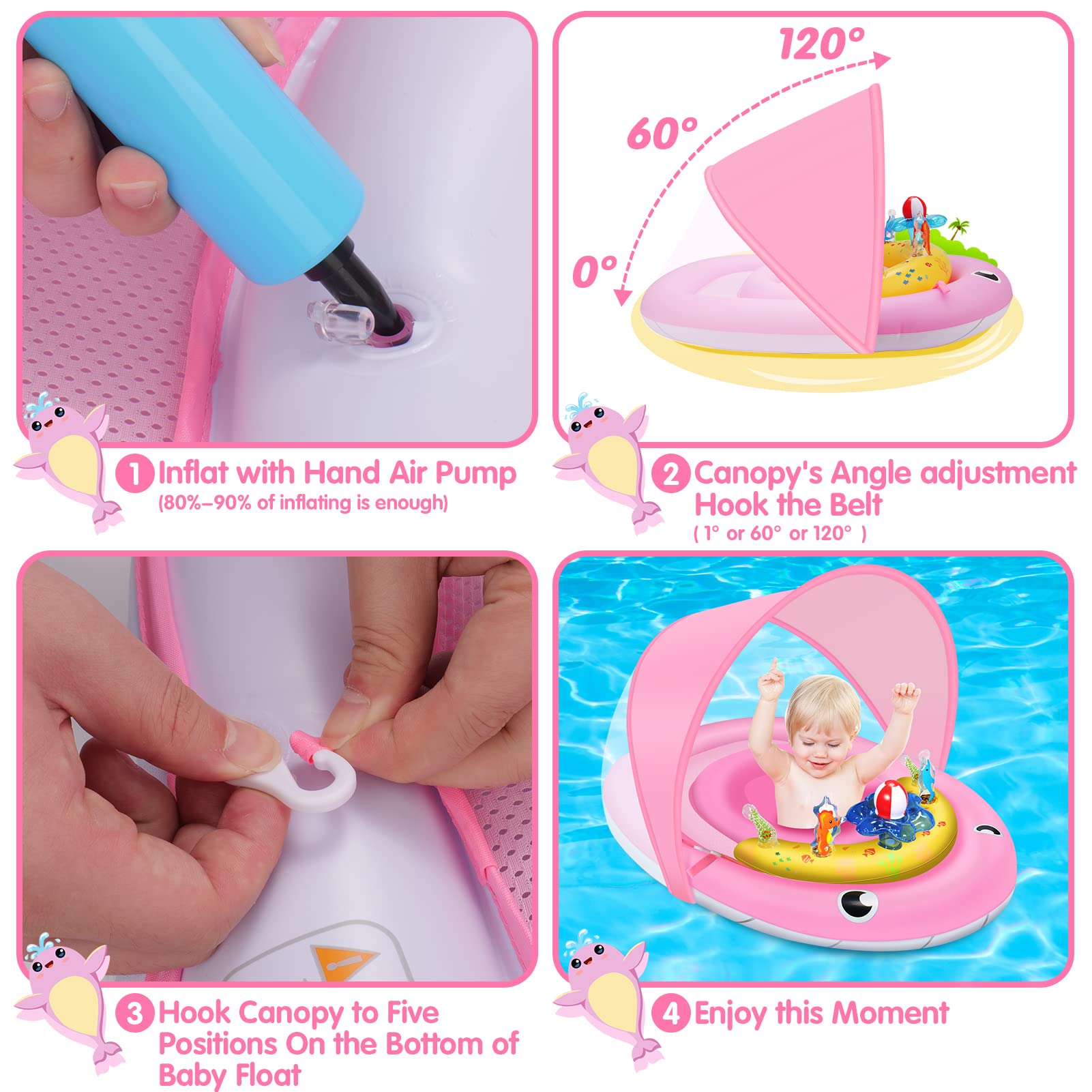 UPF50+ Baby Pool Float with Canopy - Inflatable Infant Swimming Ring for 6-24 Months | Adjustable Safety Seat Bath Floatie & Toy Play Console | Perfect for Backyard Pools, Beach Trips & Bathtime Fun