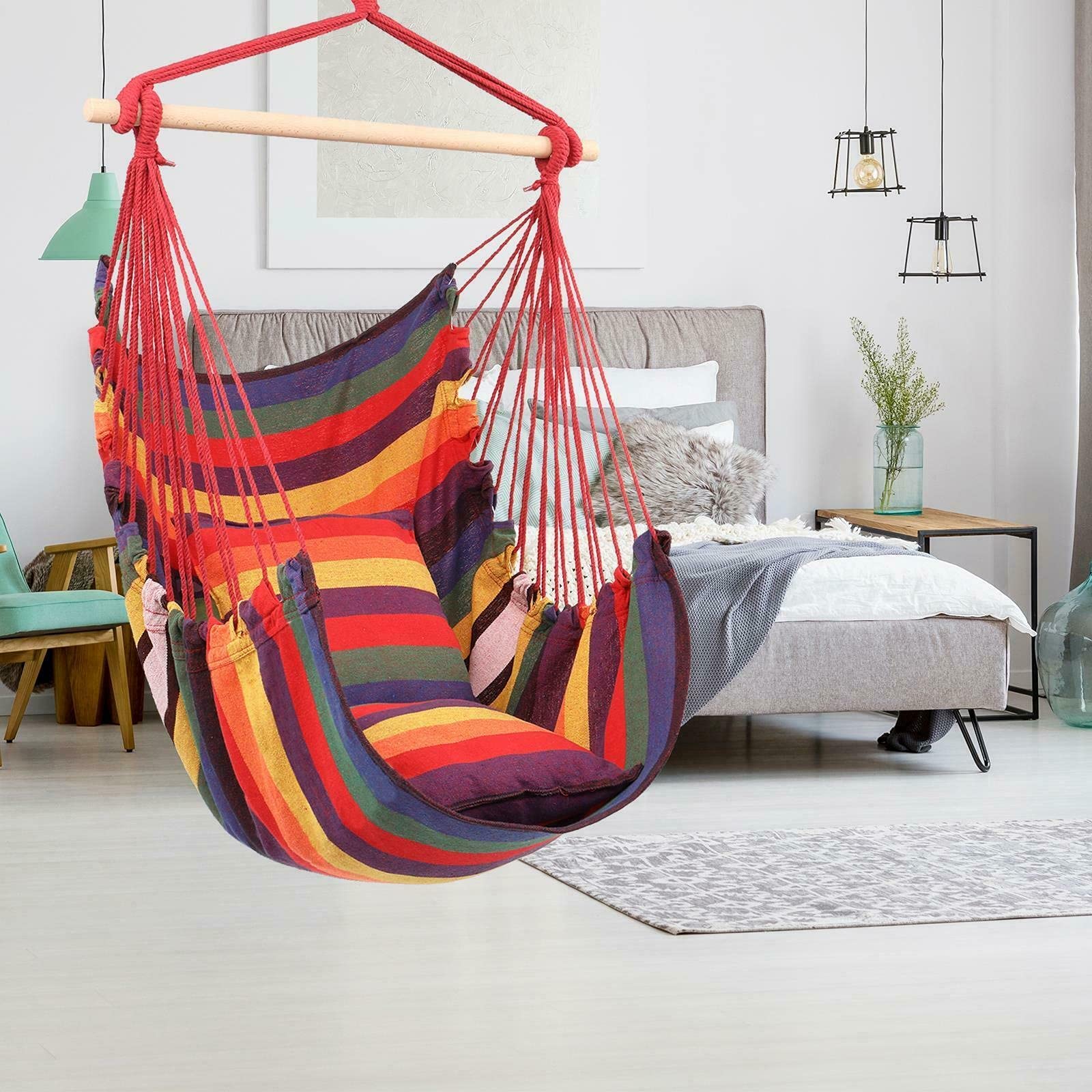 HUIJK Deluxe Hanging Rope Chair - Outdoor Porch Swing for Yard, Garden & Patio - Comfortable Cotton Hammock for Relaxing, Lounging & Backyard Decor
