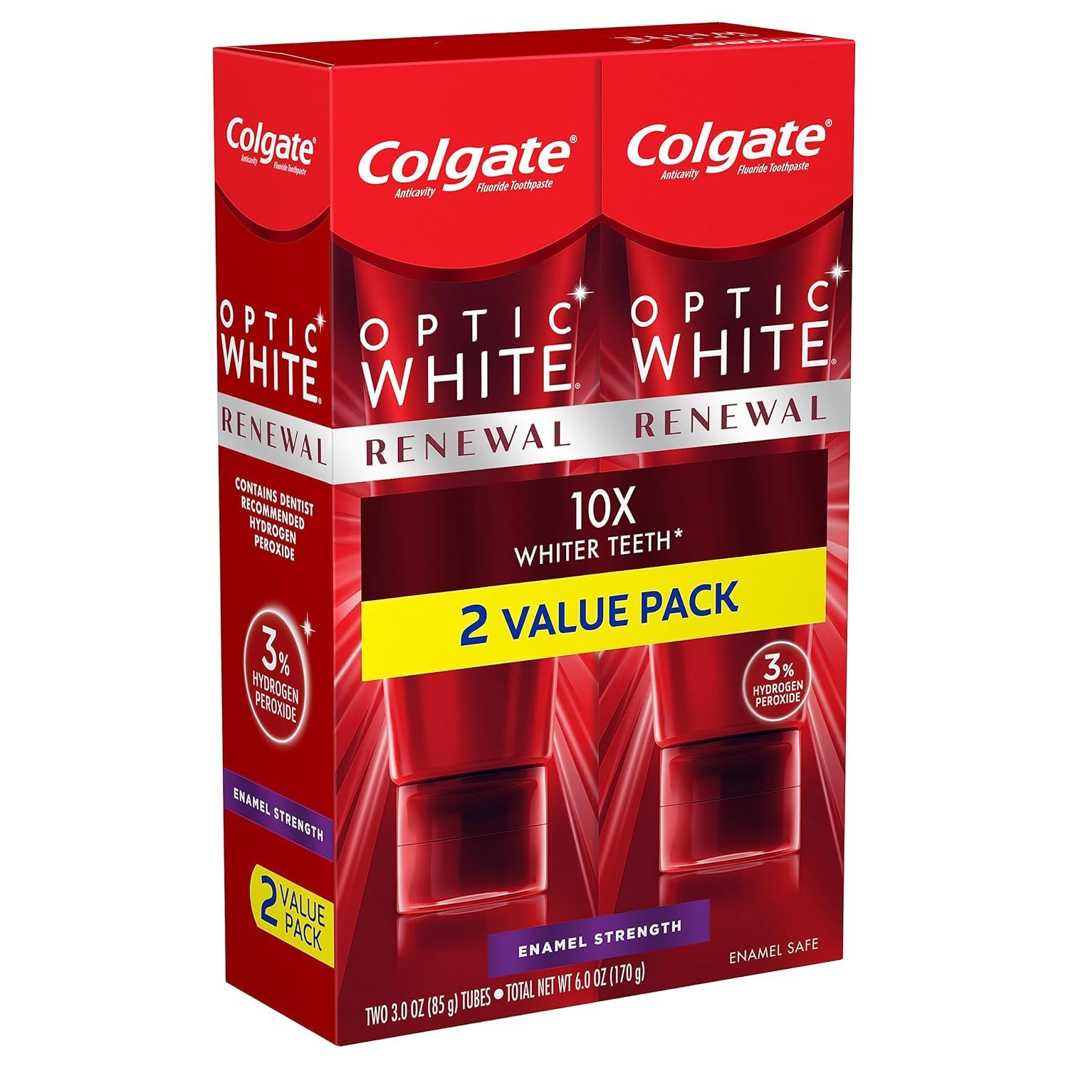 Colgate Optic White Renewal Teeth Whitening Toothpaste - Enamel Strengthening & Stain Removal, 2 Pack (3 Oz Tubes) - Brighten Smile for Date Night & Professional Confidence
