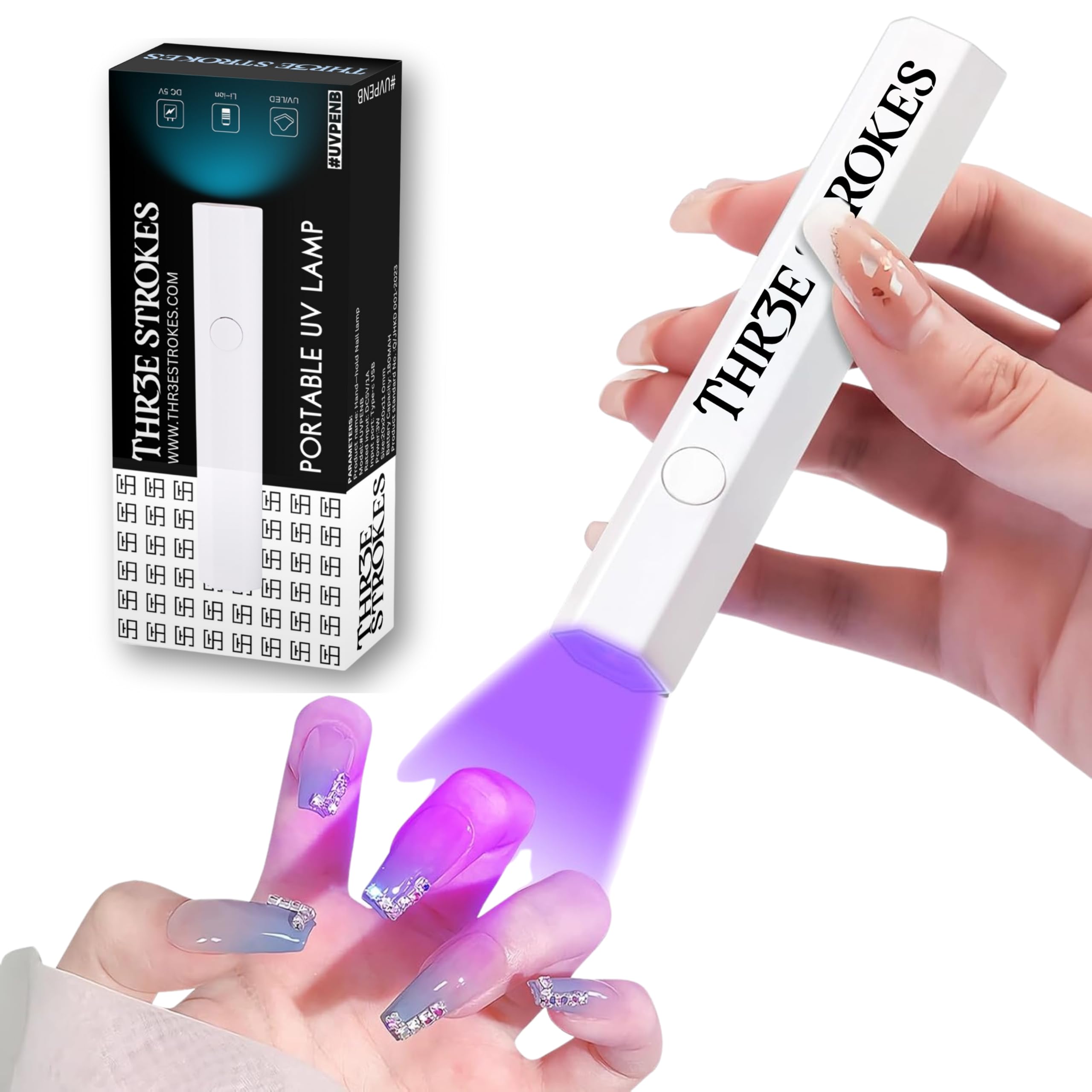 THR3E STROKES Mini UV Nail Lamp - 3W Portable LED Gel Nail Dryer, Handheld UV Light for Professional Manicures, Quick Curing for Gel Polish & Resin | Perfect for Home Nail Art & Salon Use (White)